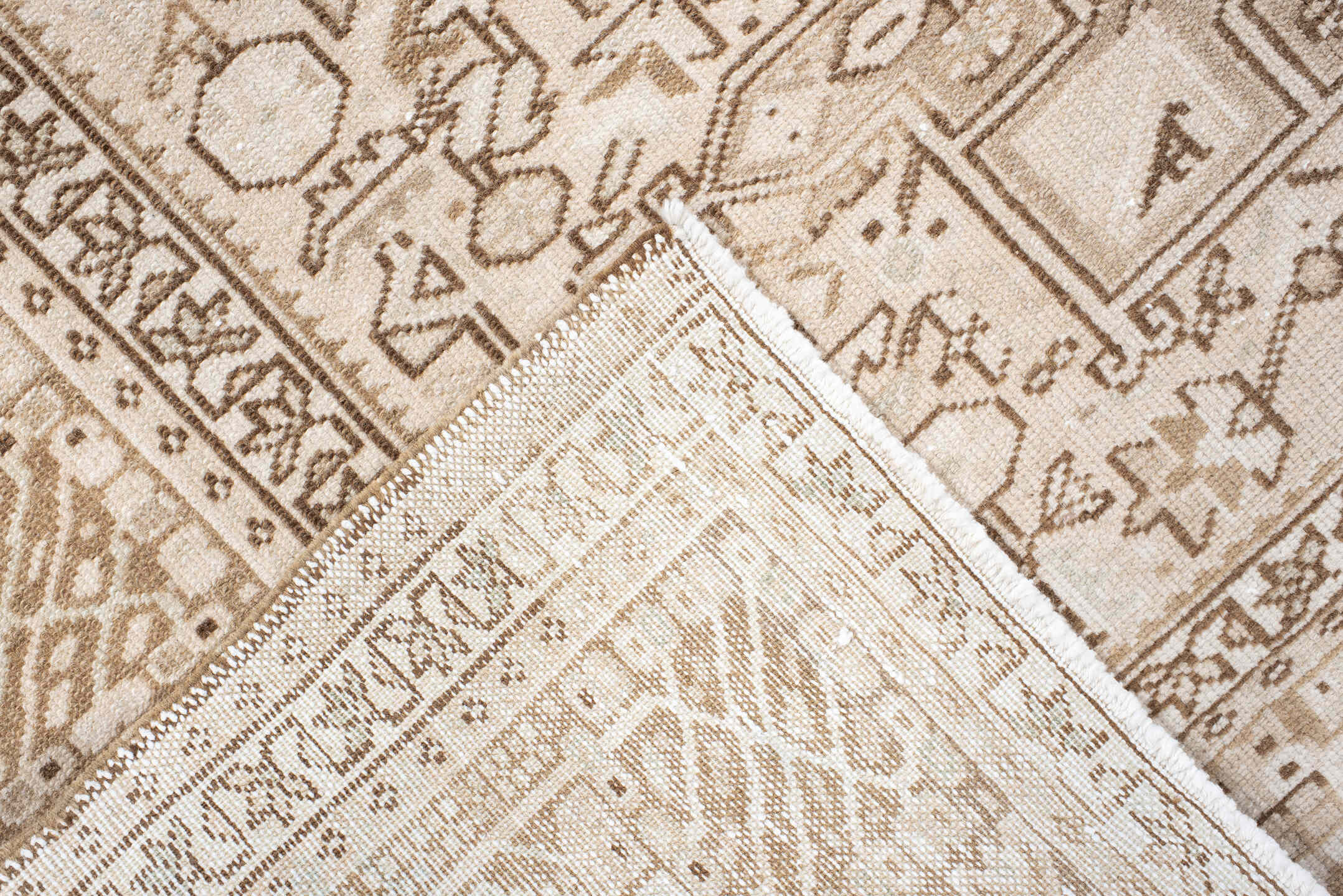 5' x 6' one-of-a-kind handmade antique Karaje rug. Color palette: ivory, taupe, beige, camel, sand, light brown, gray, brown