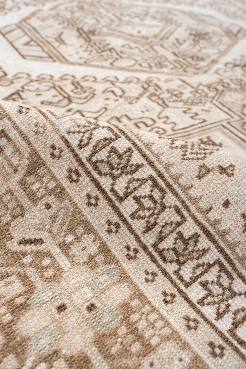 5' x 6' one-of-a-kind handmade antique Karaje rug. Color palette: ivory, taupe, beige, camel, sand, light brown, gray, brown