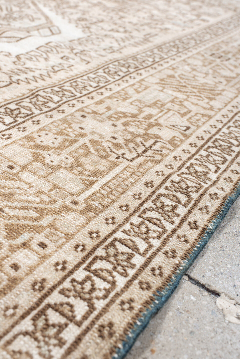 5' x 6' one-of-a-kind handmade antique Karaje rug. Color palette: ivory, taupe, beige, camel, sand, light brown, gray, brown