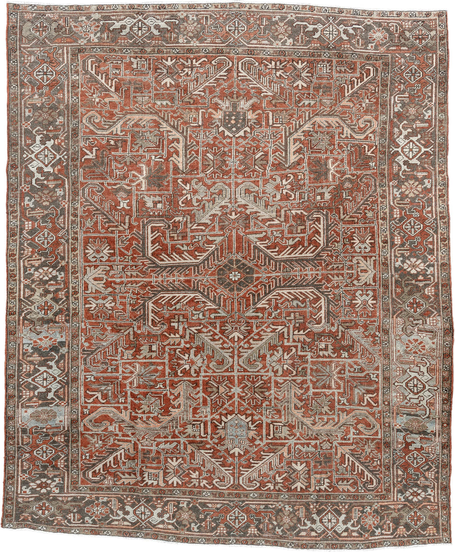 8' x 9' one-of-a-kind handmade antique Heriz rug. Color palette: terra cotta, ivory, taupe, brown, charcoal, rust