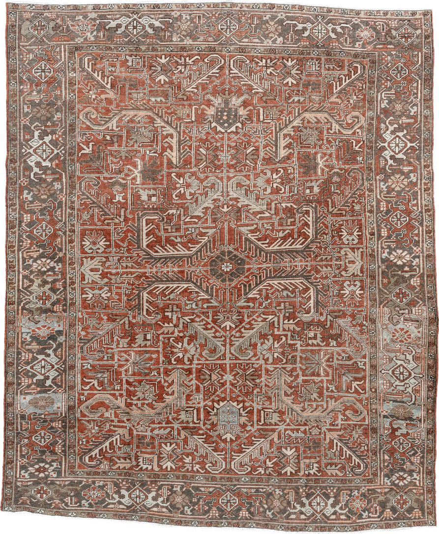 8' x 9' one-of-a-kind handmade vintage Heriz rug. Color palette: antiquewhite, brown, gray, light gray, linen, off-white