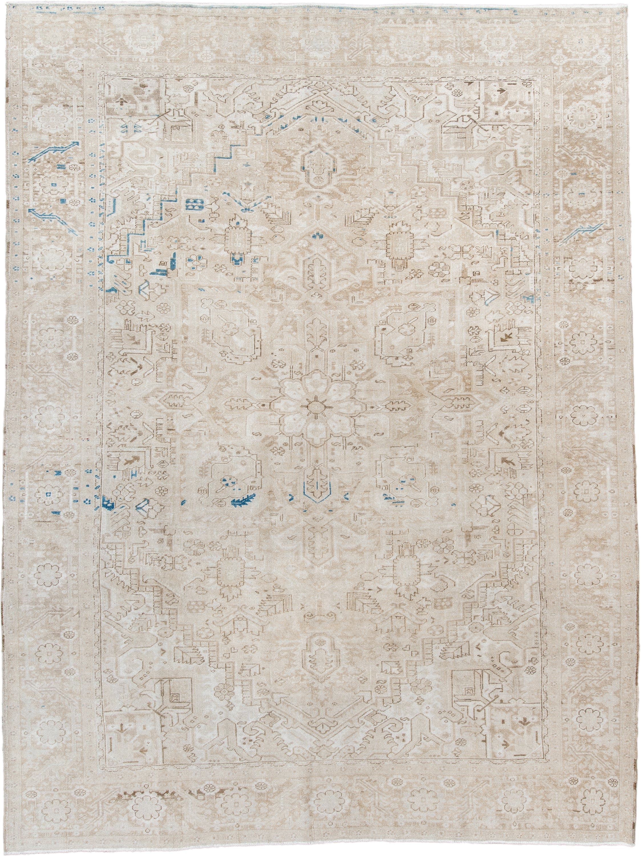 9' x 12' one-of-a-kind handmade antique Heriz large size rug. Color palette: ivory, beige, taupe, sky blue, camel, gray