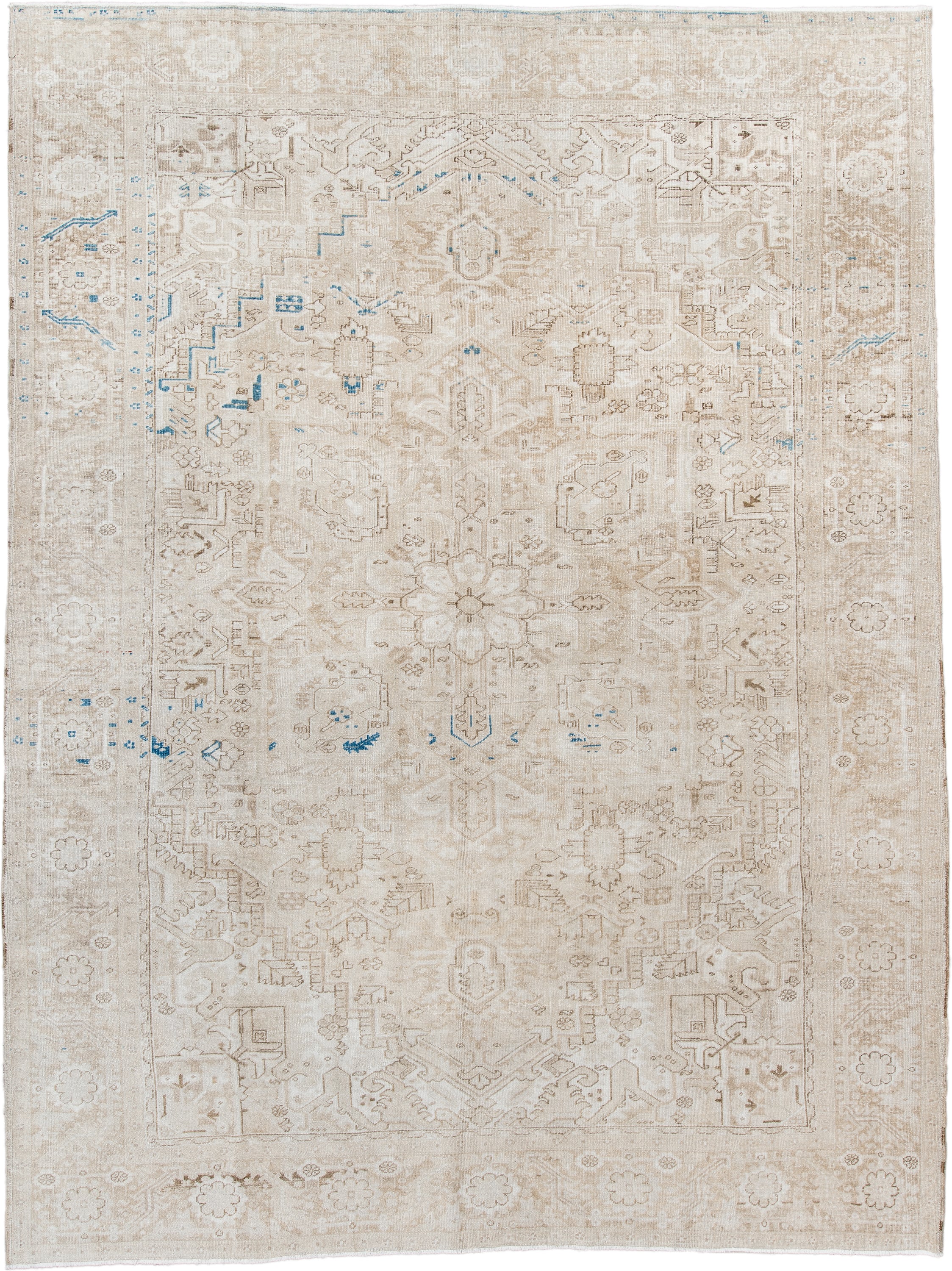 9' x 12' one-of-a-kind handmade antique Heriz large size rug. Color palette: ivory, beige, taupe, sky blue, camel, gray