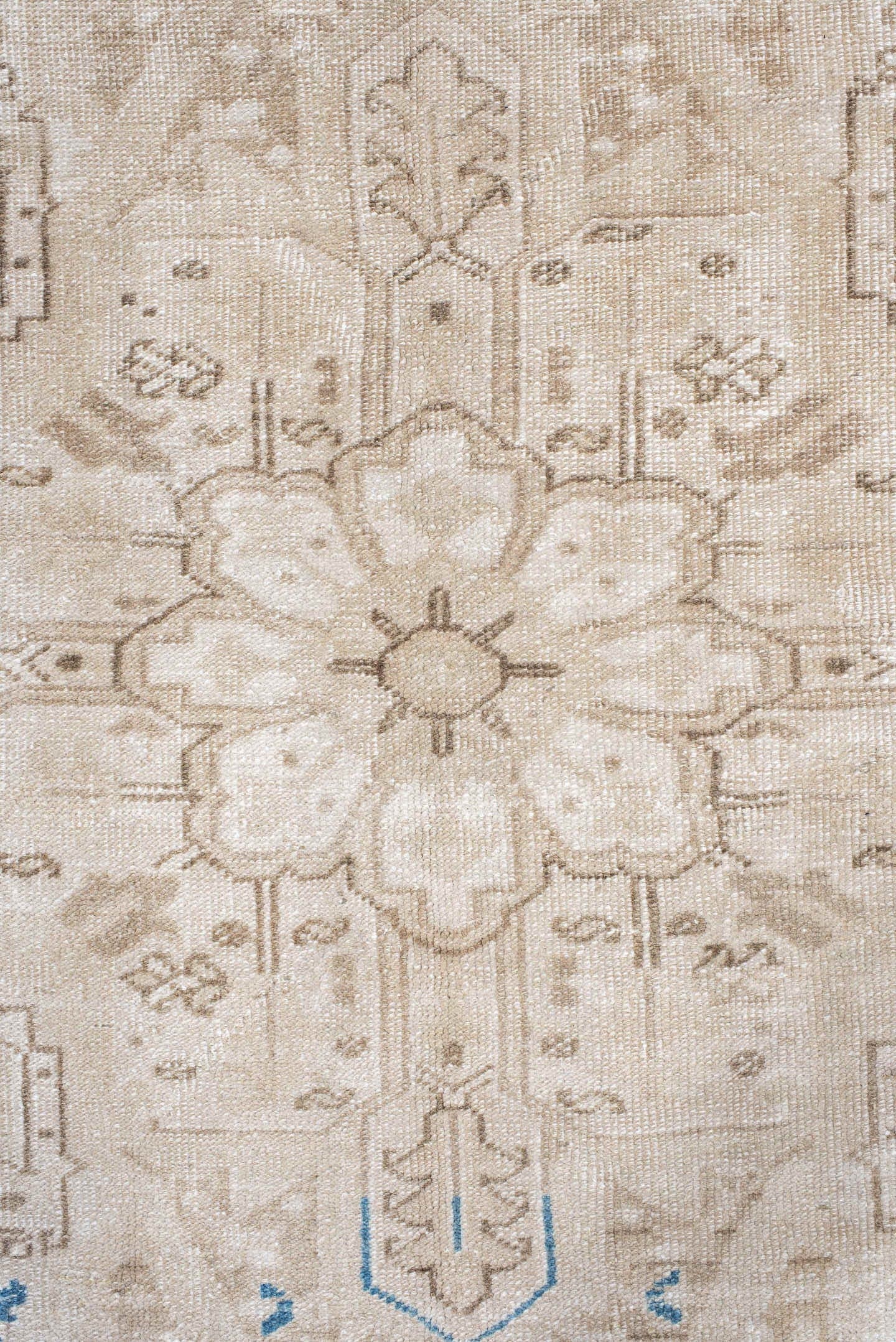 9' x 12' one-of-a-kind handmade antique Heriz large size rug. Color palette: ivory, beige, taupe, sky blue, camel, gray