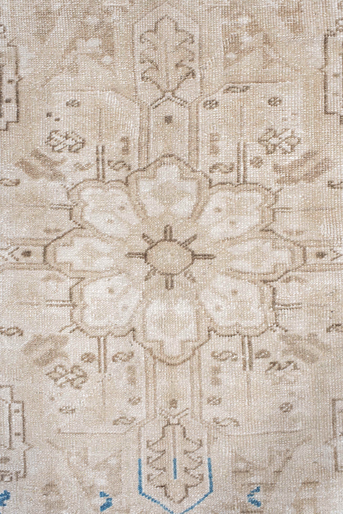 9' x 12' one-of-a-kind handmade antique Heriz large size rug. Color palette: ivory, beige, taupe, sky blue, camel, gray