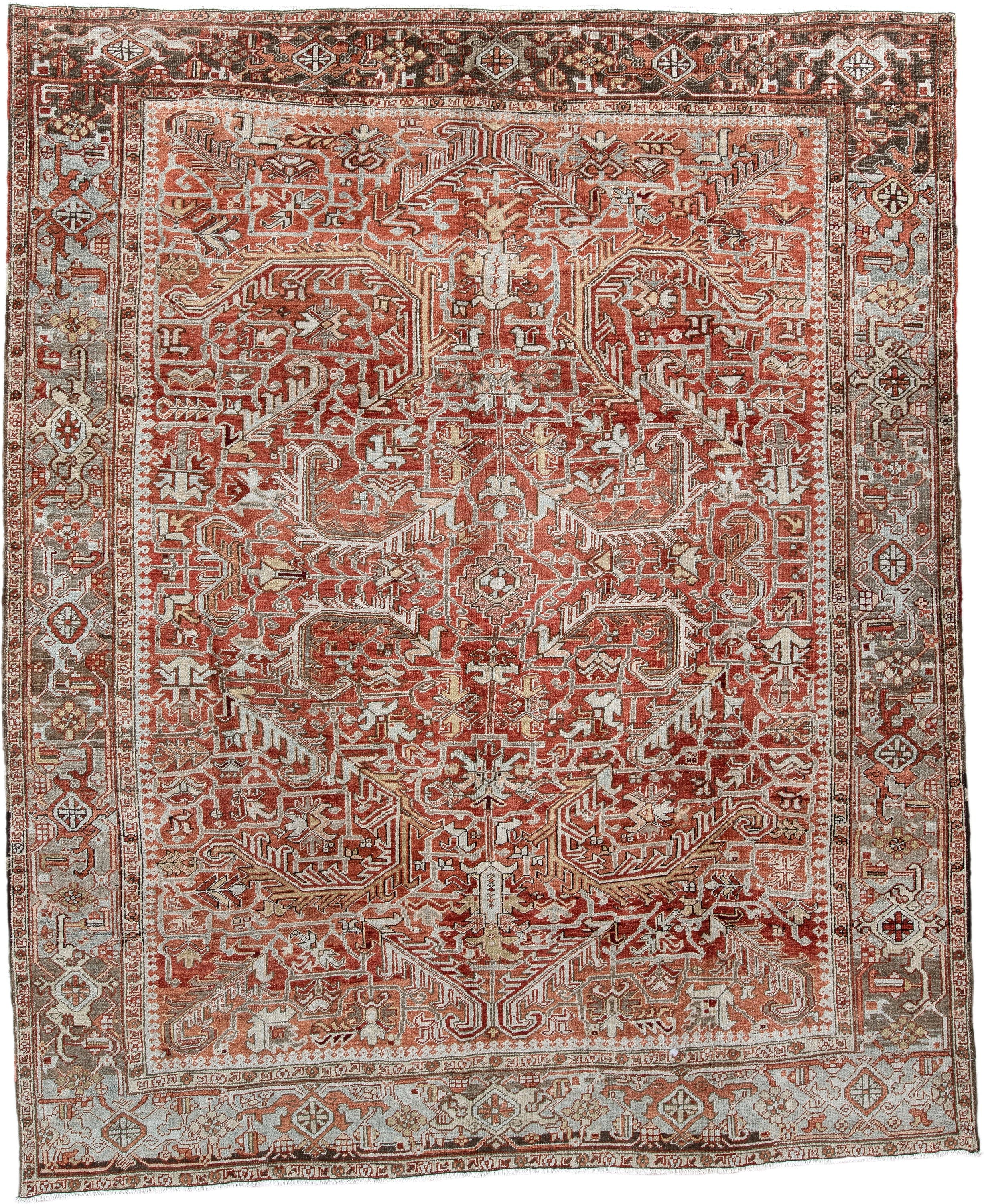 8' x 10' one-of-a-kind handmade antique large size rug. Color palette: terra cotta, ivory, pale blue, rust, taupe, brown