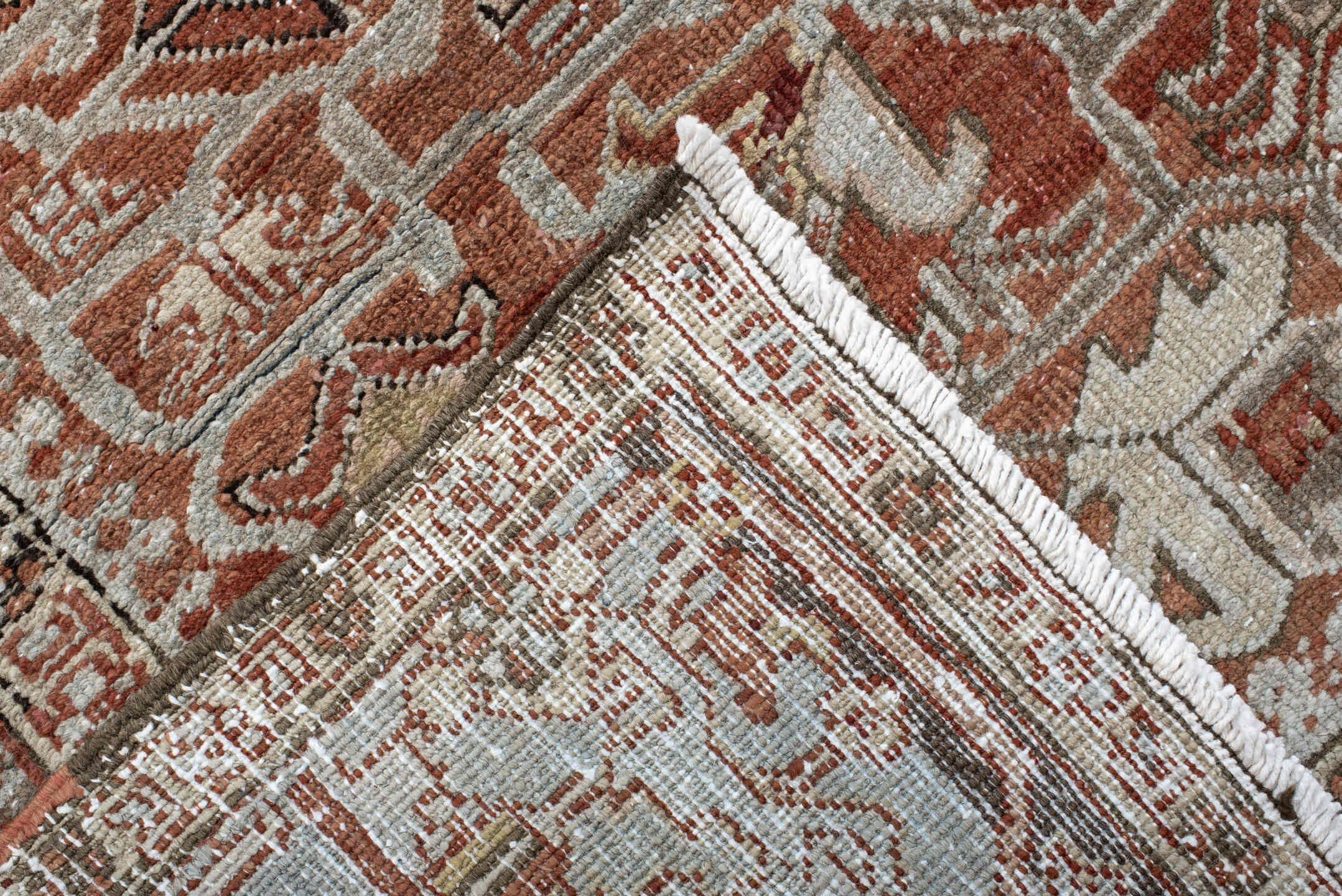 8' x 10' one-of-a-kind handmade antique large size rug. Color palette: terra cotta, ivory, pale blue, rust, taupe, brown