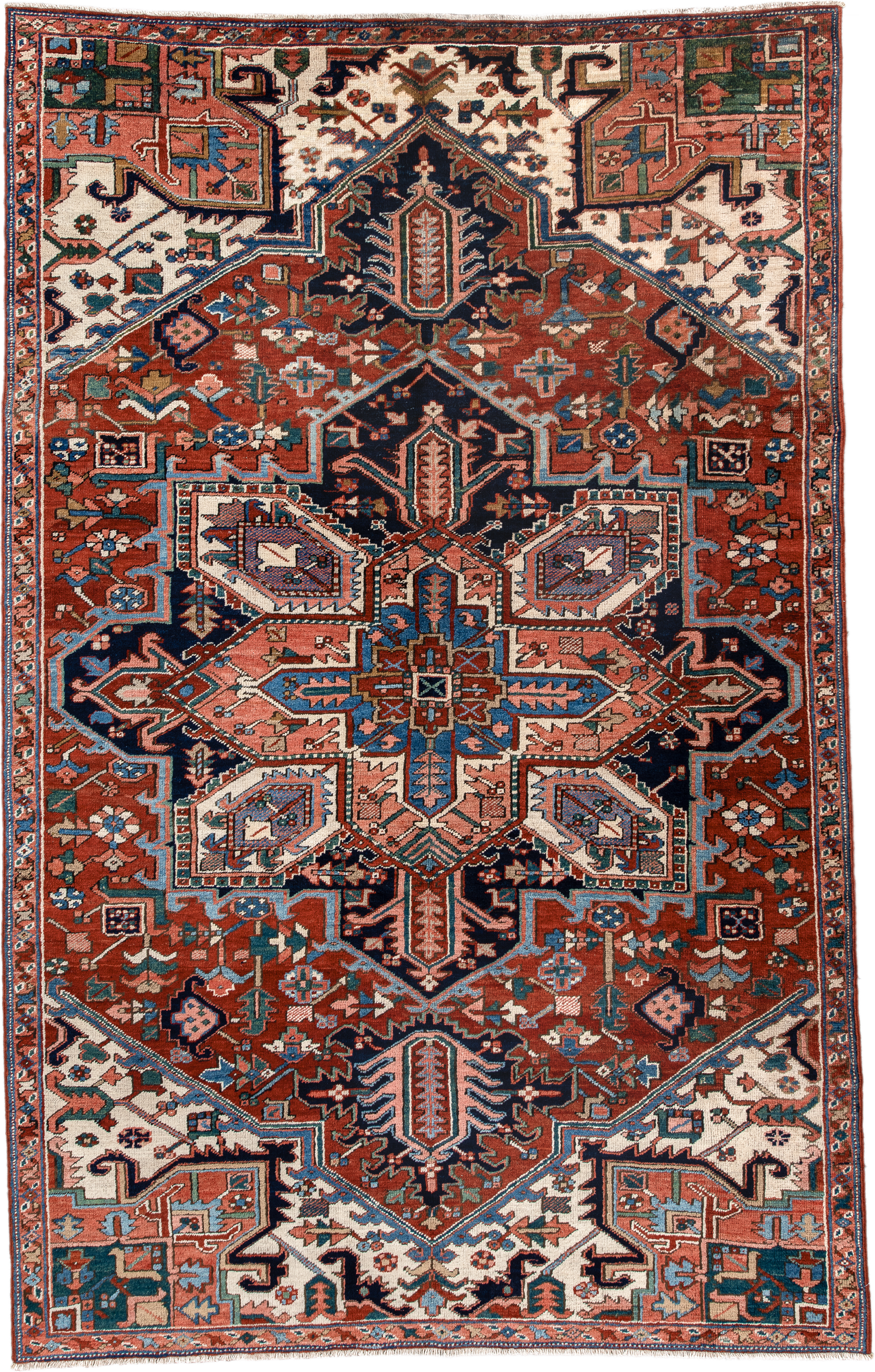 6' x 9' one-of-a-kind handmade vintage Heriz medium size rug. Color palette: rust, ivory, navy, sky blue, coral, teal, sage
