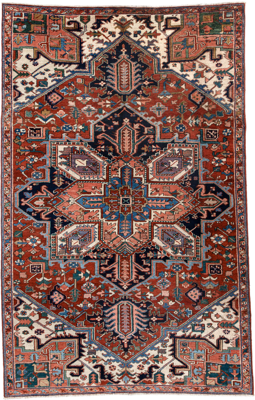 6' x 9' one-of-a-kind handmade vintage Heriz medium size rug. Color palette: rust, ivory, navy, sky blue, coral, teal, sage