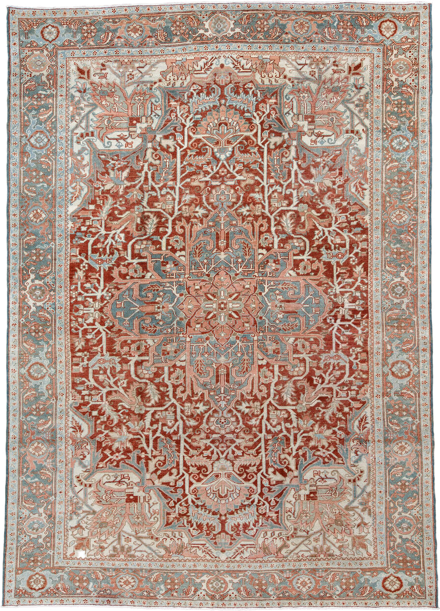 7' x 10' one-of-a-kind handmade antique Heriz large size rug. Color palette: rust, ivory, pale blue, terra cotta, sage