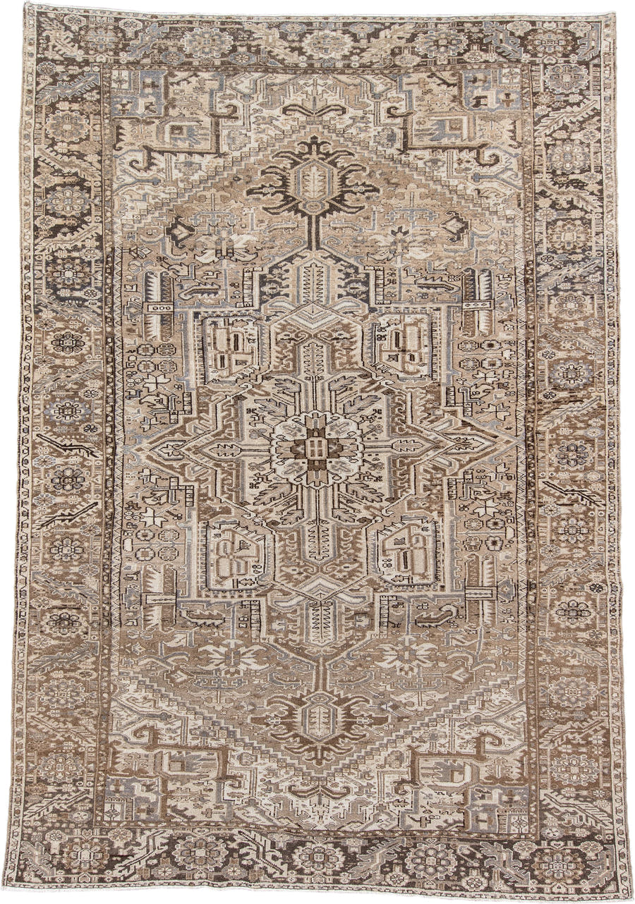 7' x 11' one-of-a-kind handmade antique Karaje large size rug. Color palette: taupe, ivory, brown, pale_blue, camel