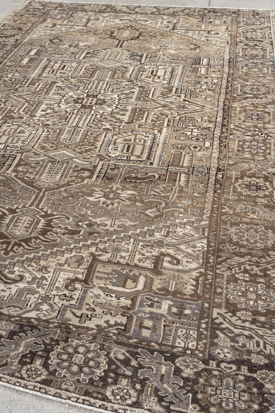 7' x 11' one-of-a-kind handmade antique Karaje large size rug. Color palette: taupe, ivory, brown, pale_blue, camel