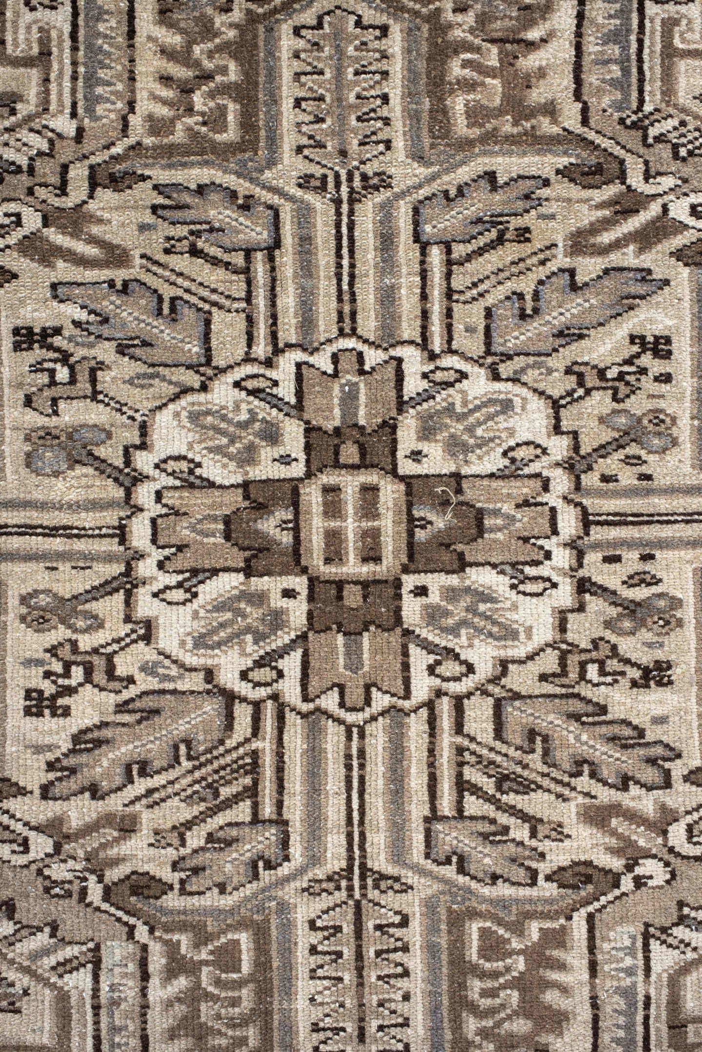 7' x 11' one-of-a-kind handmade antique Karaje large size rug. Color palette: taupe, ivory, brown, pale_blue, camel