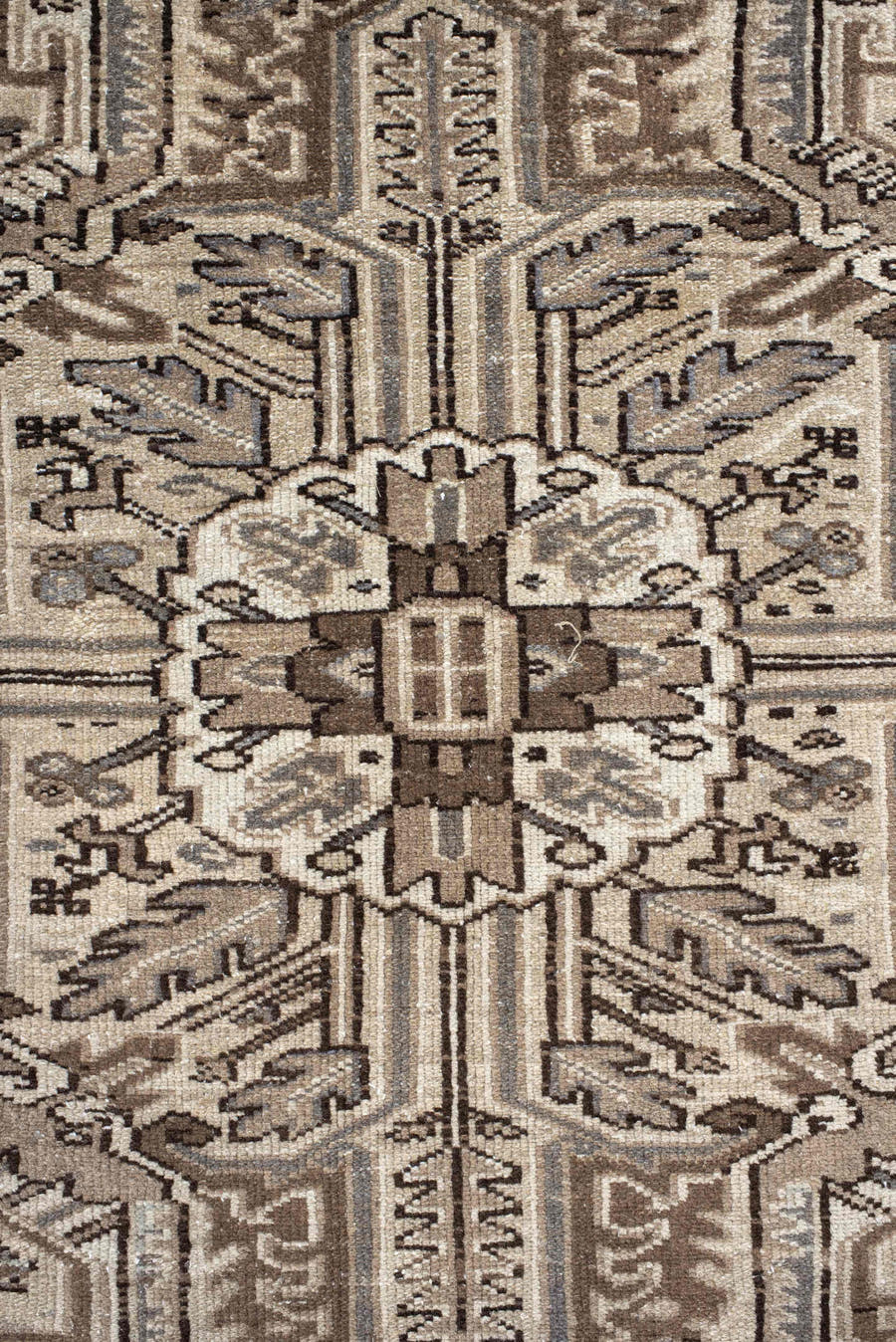 7' x 11' one-of-a-kind handmade antique Karaje large size rug. Color palette: taupe, ivory, brown, pale_blue, camel