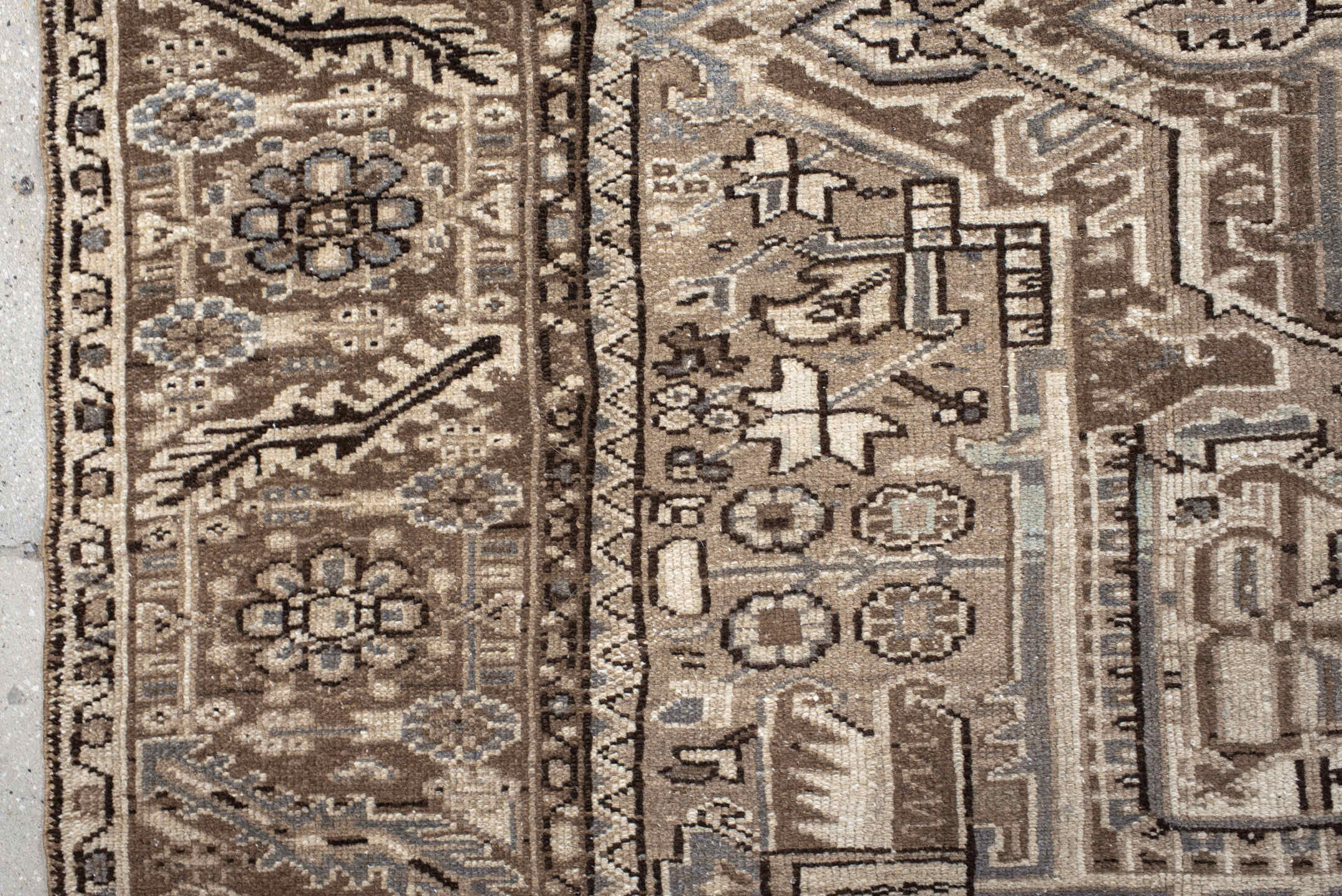 7' x 11' one-of-a-kind handmade antique Karaje large size rug. Color palette: taupe, ivory, brown, pale_blue, camel