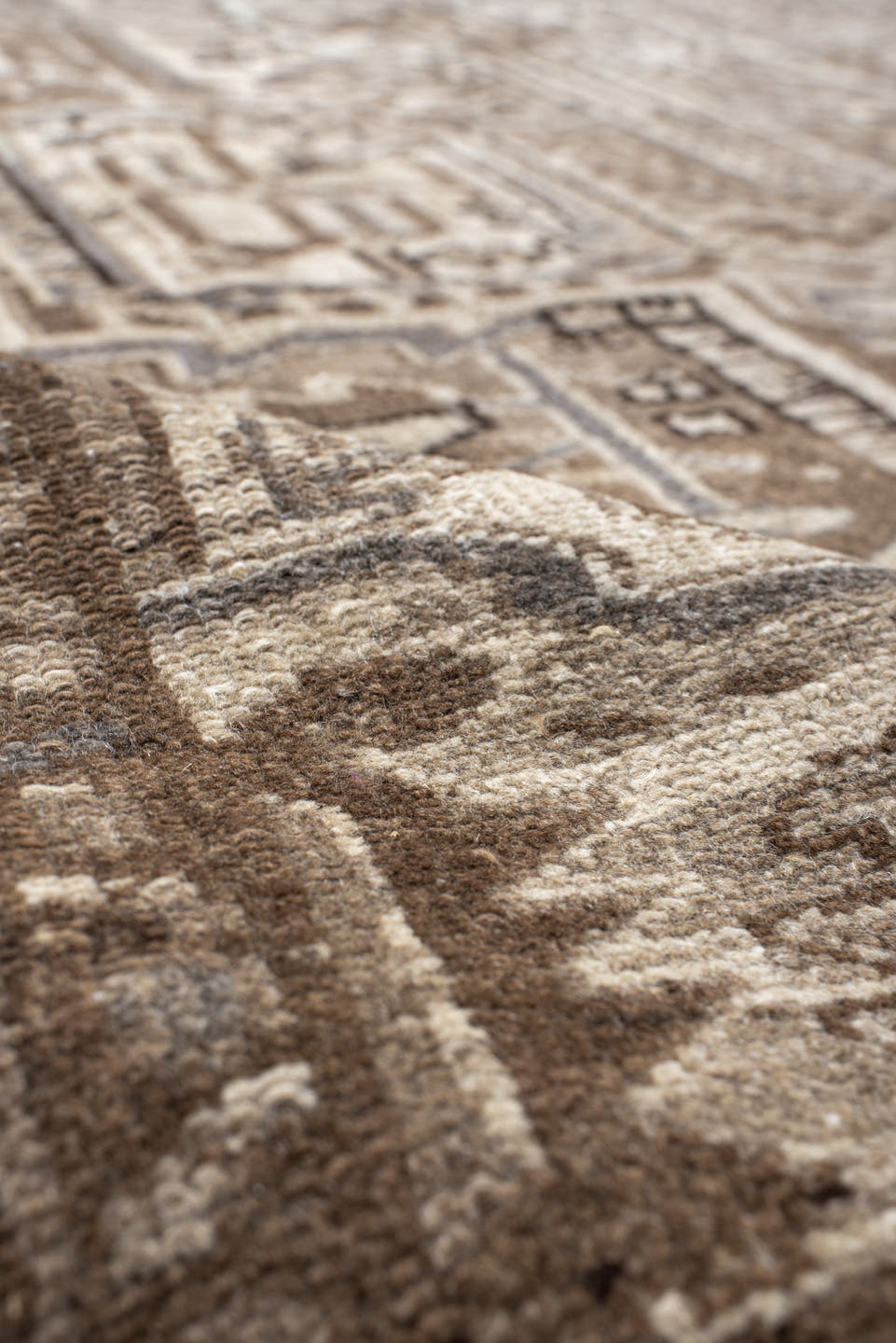 7' x 11' one-of-a-kind handmade antique Karaje large size rug. Color palette: taupe, ivory, brown, pale_blue, camel