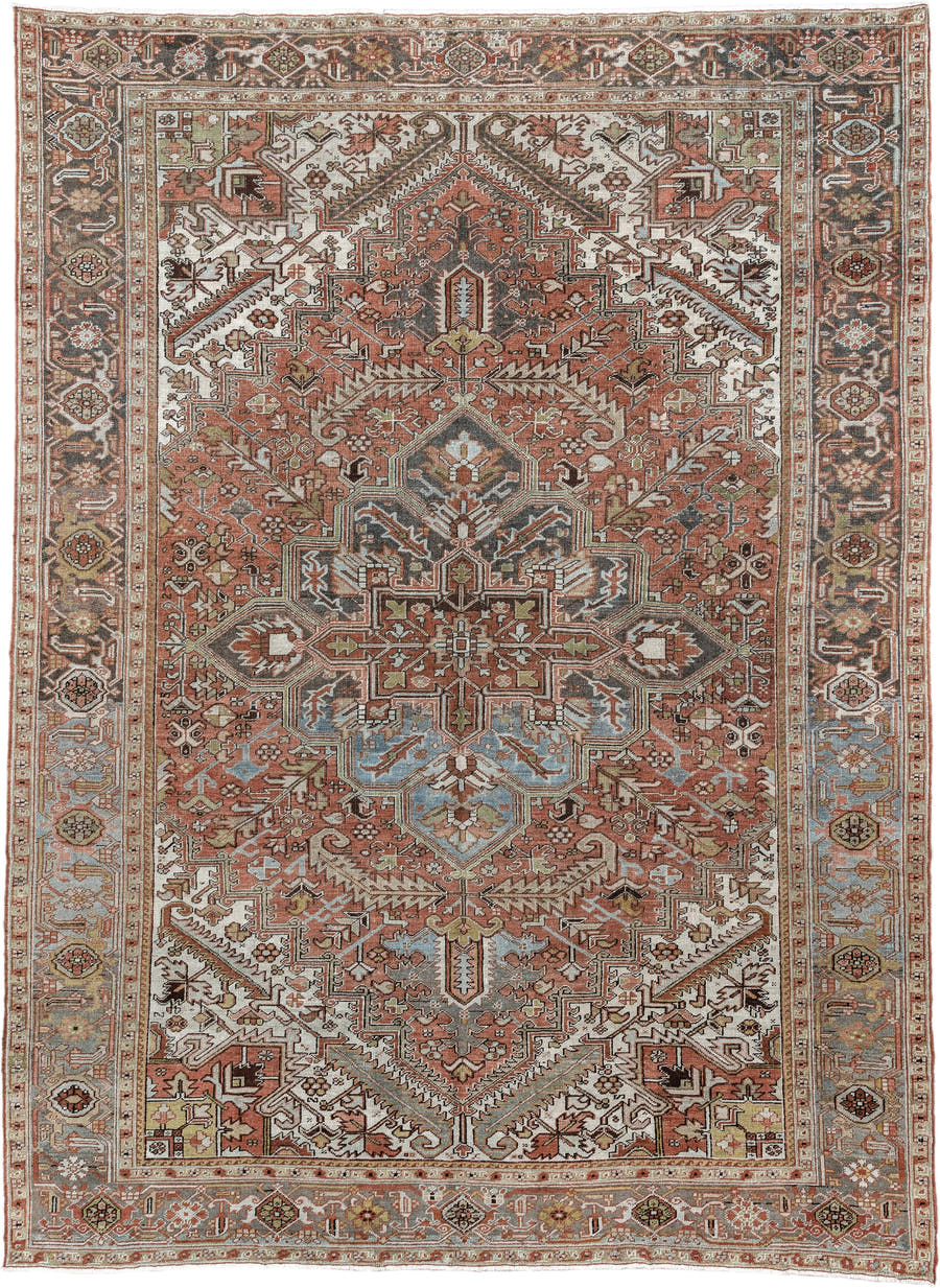8' x 11' one-of-a-kind handmade vintage Heriz large size rug. Color palette: terra cotta, ivory, sky blue, charcoal, taupe