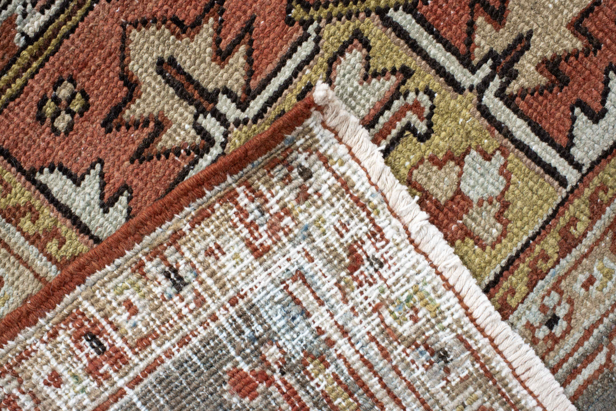 8' x 11' one-of-a-kind handmade vintage Heriz large size rug. Color palette: terra cotta, ivory, sky blue, charcoal, taupe