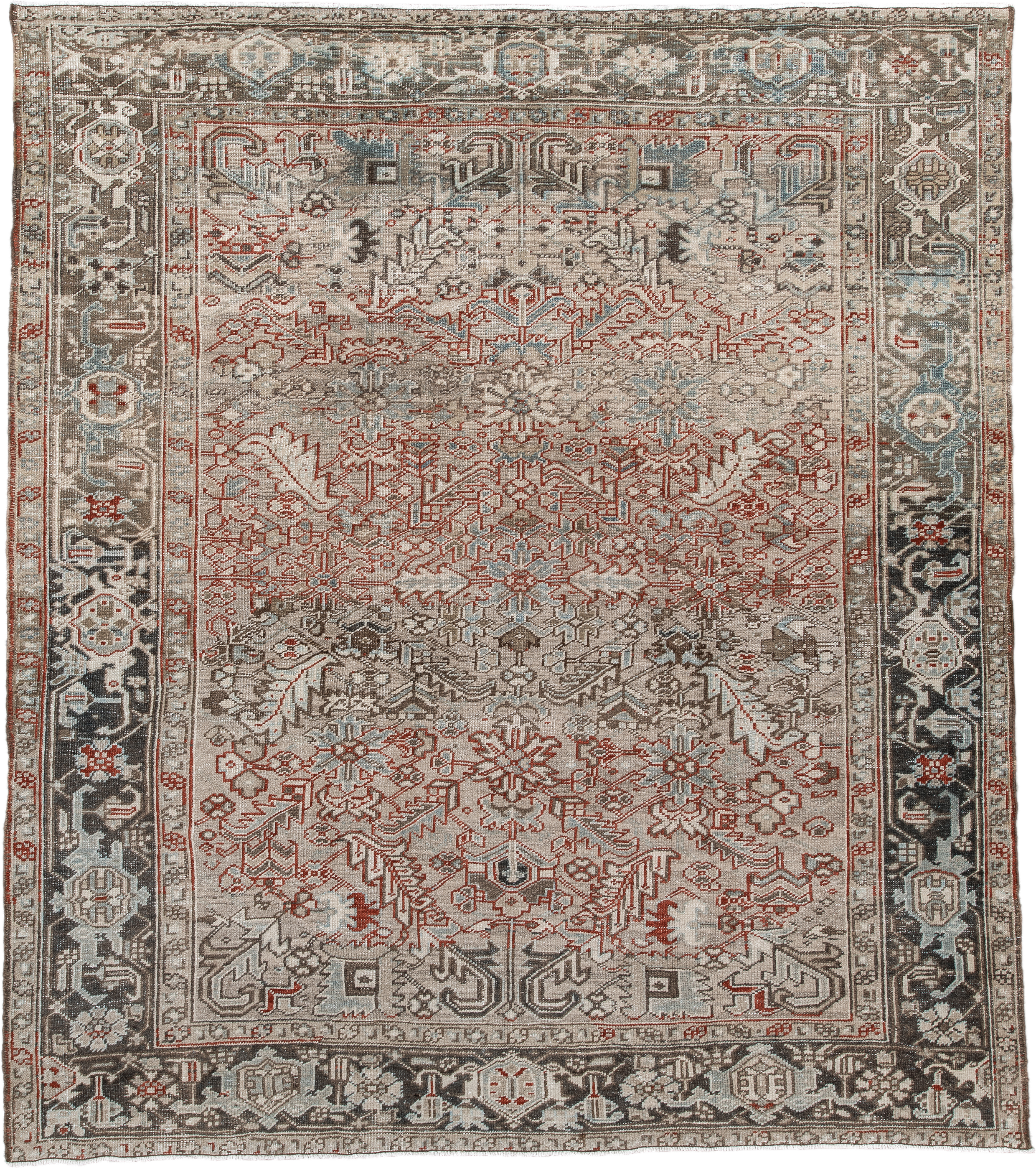 7' x 8' one-of-a-kind handmade antique Heriz rug. Color palette: ivory, taupe, charcoal, slate, rust, cream, blue_gray