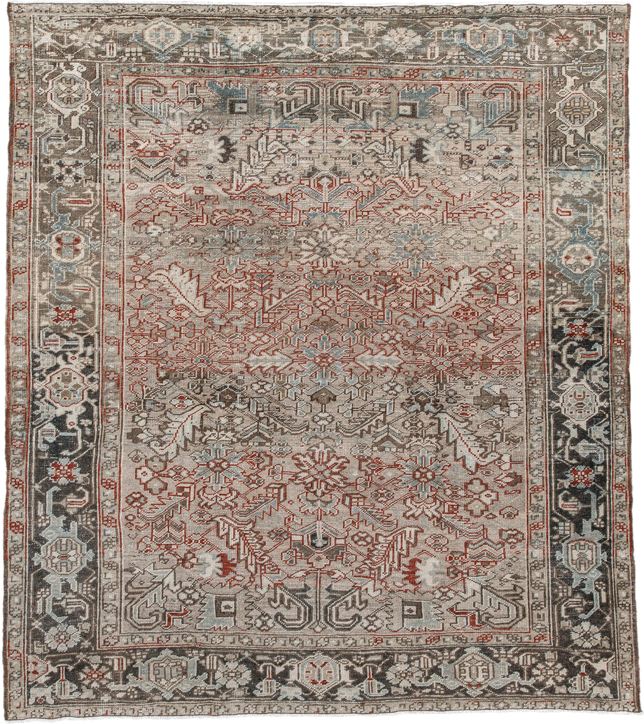 7' x 8' one-of-a-kind handmade antique Heriz rug. Color palette: ivory, taupe, charcoal, slate, rust, cream, blue_gray