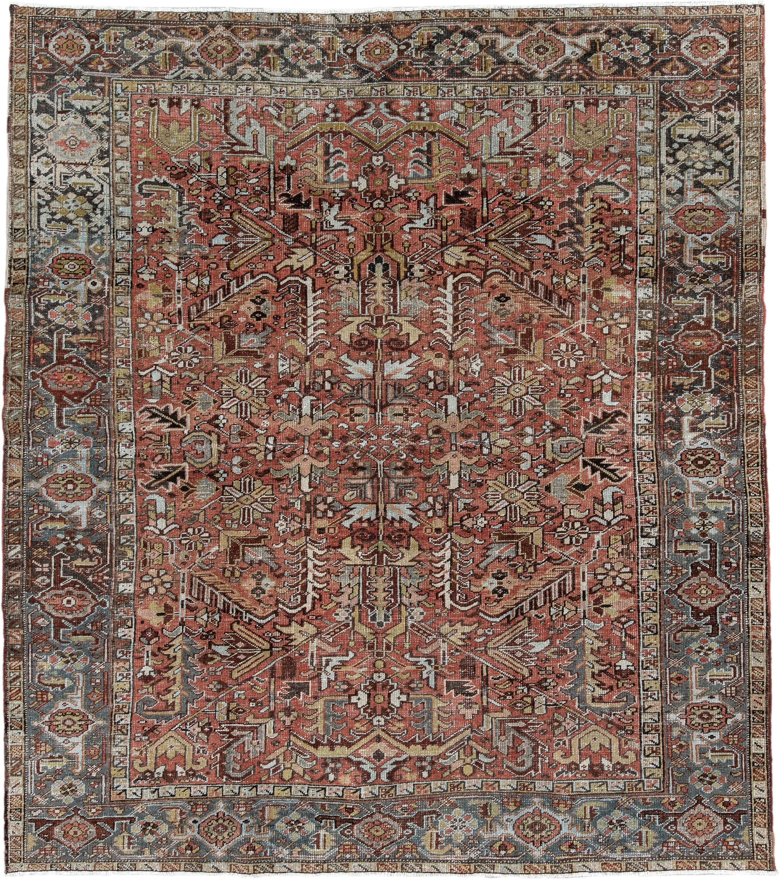 6' x 7' one-of-a-kind handmade vintage Heriz rug. Color palette: terra cotta, slate blue, ivory, charcoal, rust, camel