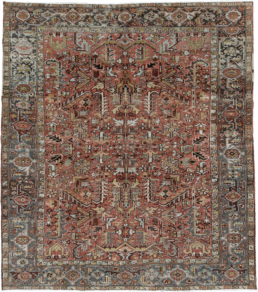 6' x 7' one-of-a-kind handmade vintage Heriz rug. Color palette: terra cotta, slate blue, ivory, charcoal, rust, camel