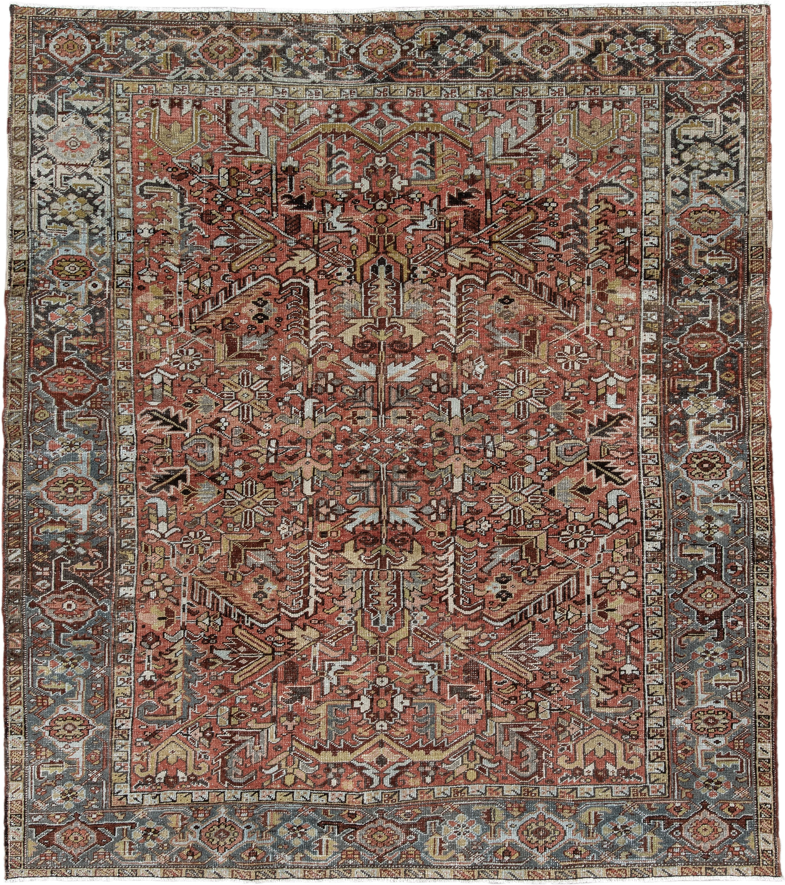 6' x 7' one-of-a-kind handmade vintage Heriz rug. Color palette: terra cotta, slate blue, ivory, charcoal, rust, camel