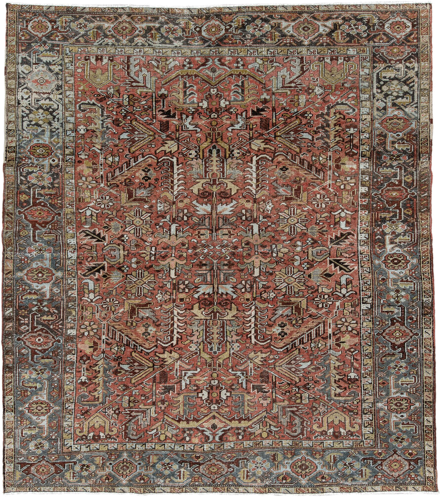 6' x 7' one-of-a-kind handmade vintage Heriz rug. Color palette: terra cotta, slate blue, ivory, charcoal, rust, camel
