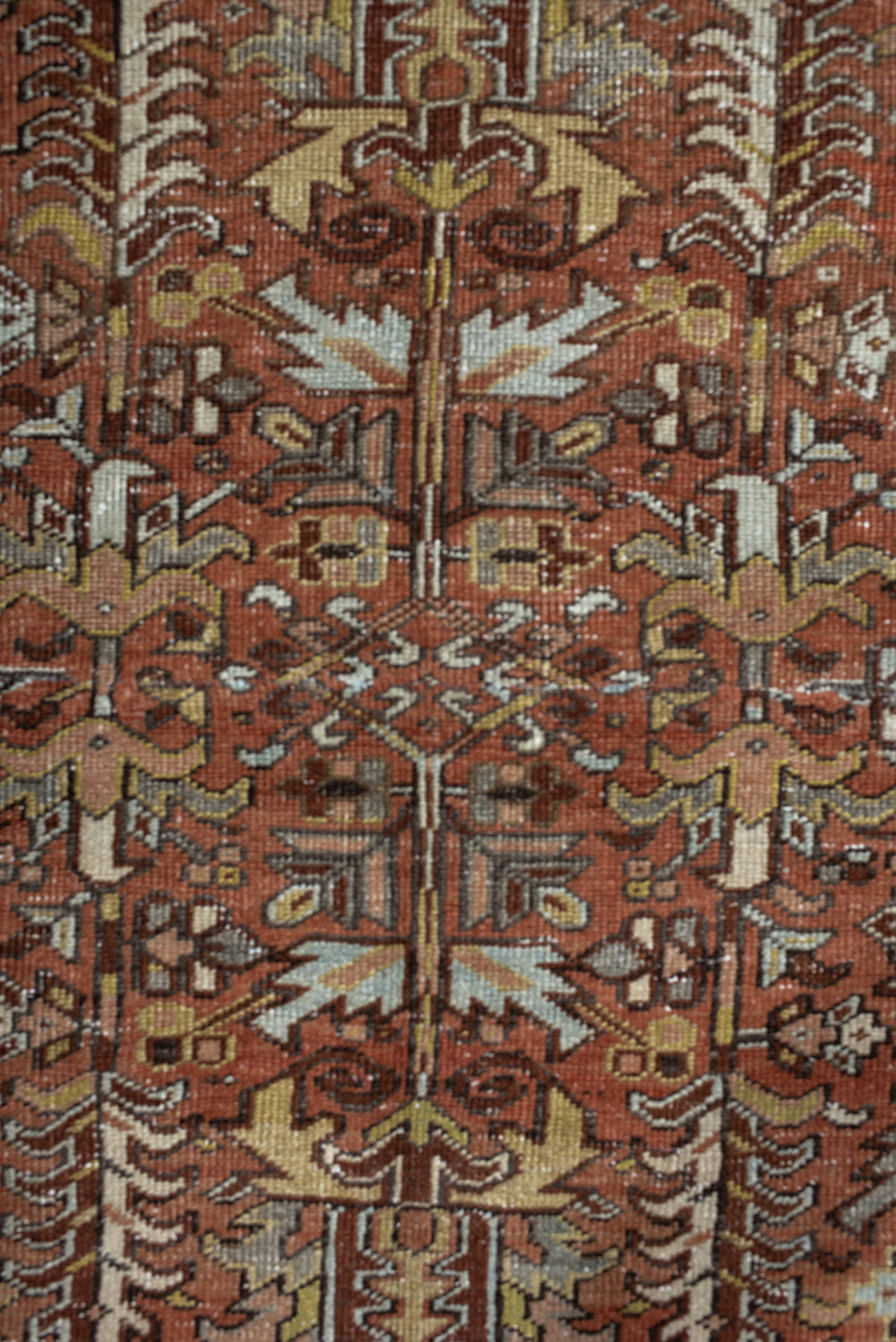 6' x 7' one-of-a-kind handmade vintage Heriz rug. Color palette: terra cotta, slate blue, ivory, charcoal, rust, camel