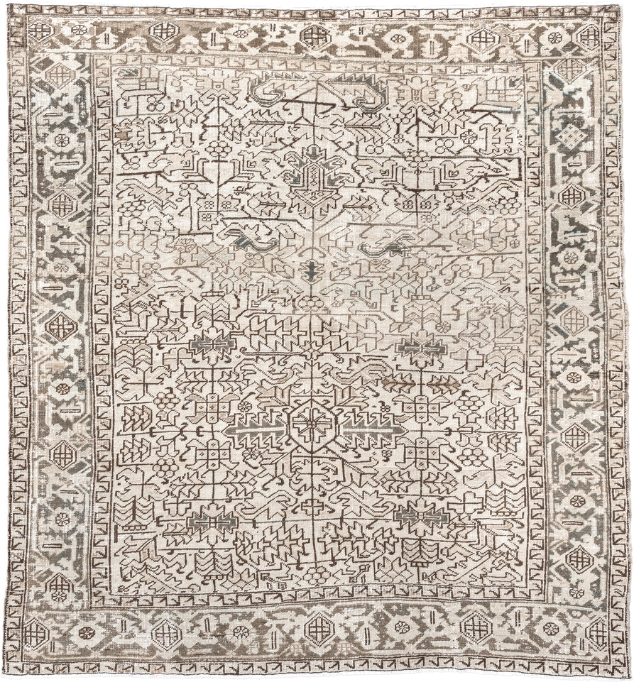 7' x 8' one-of-a-kind handmade antique Heriz rug. Color palette: ivory, taupe, brown, charcoal, beige, gray, black