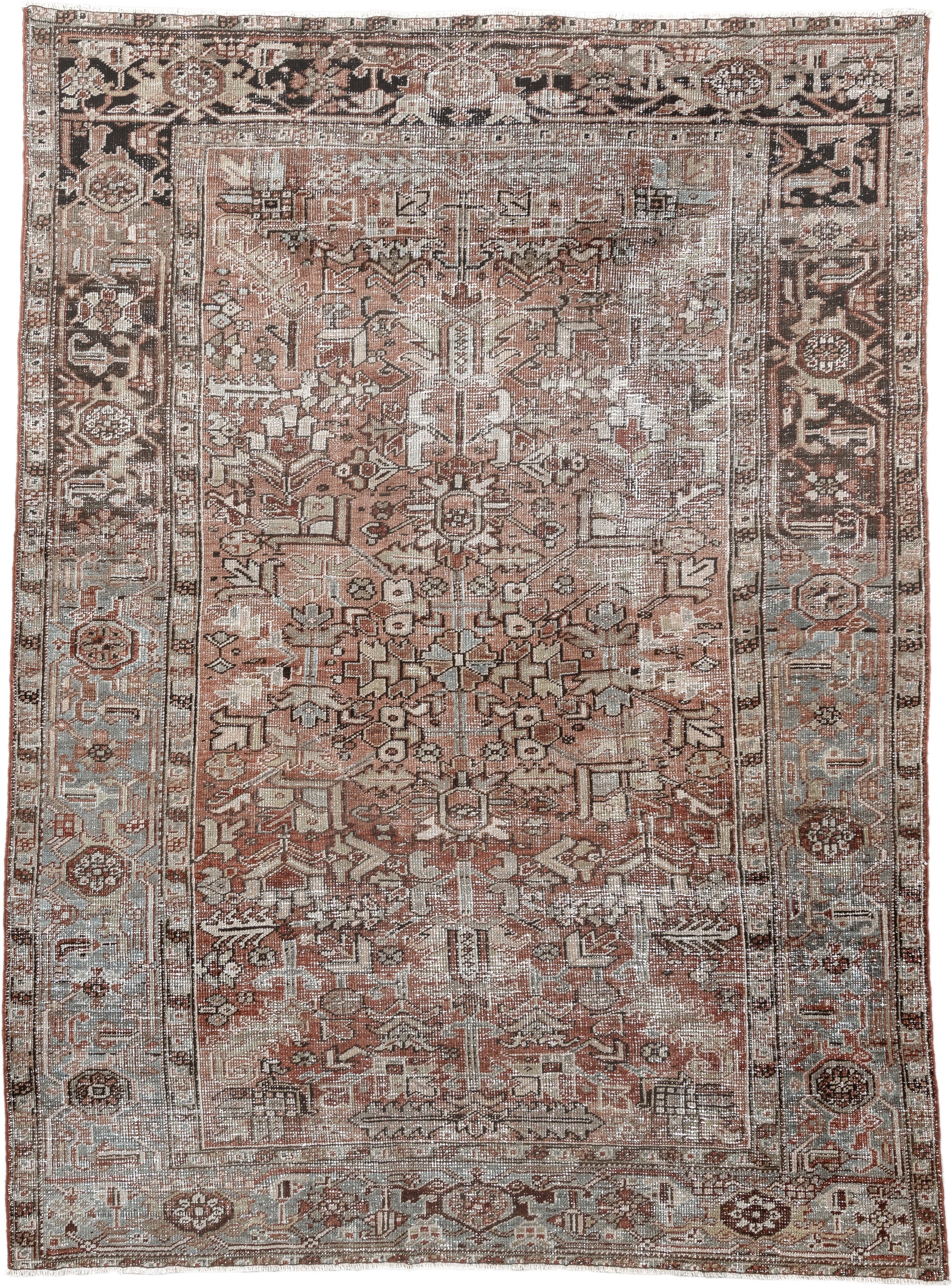 6' x 9' one-of-a-kind handmade antique Heriz medium size rug. Color palette: terra cotta, ivory, taupe, charcoal, slate