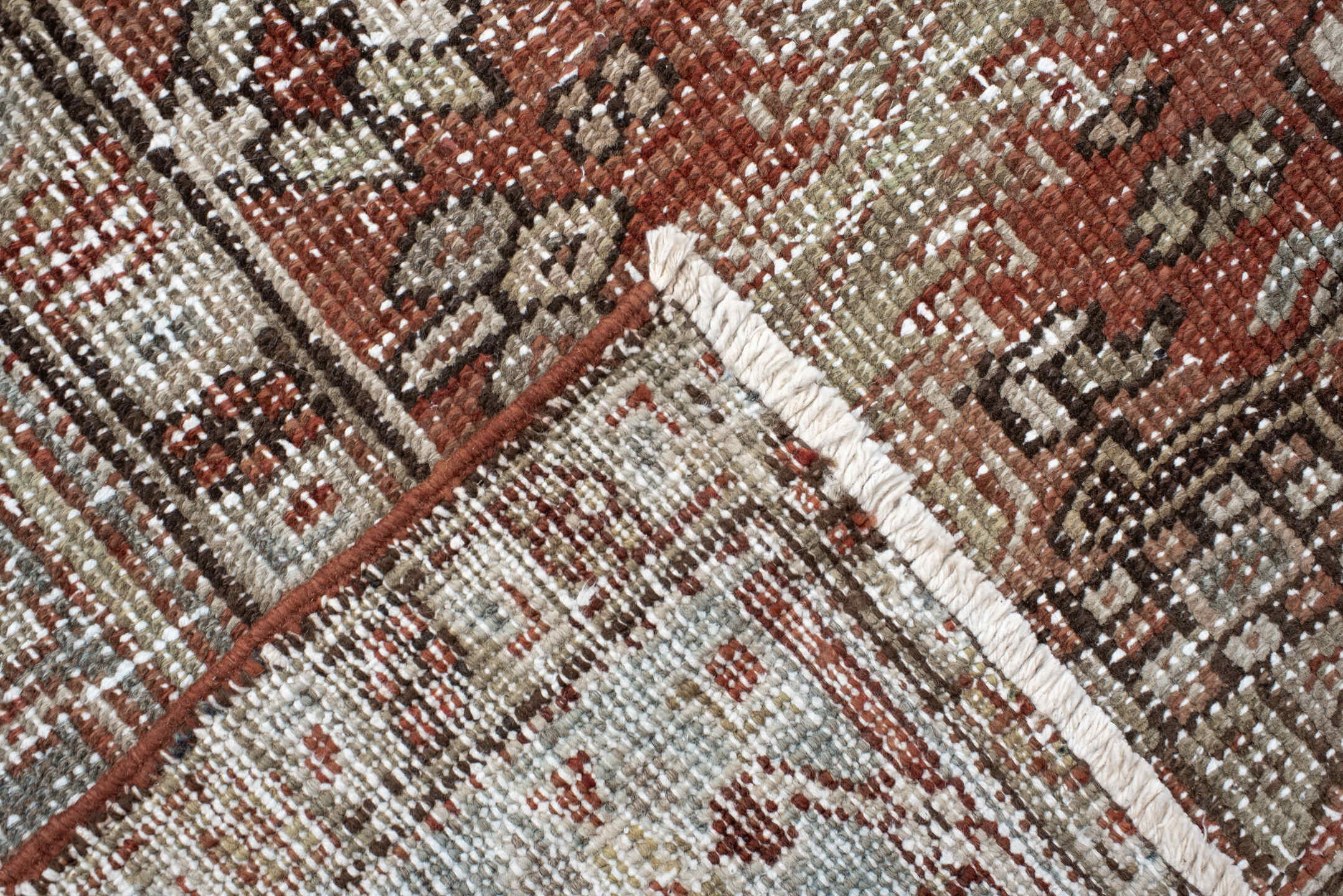 6' x 9' one-of-a-kind handmade antique Heriz medium size rug. Color palette: terra cotta, ivory, taupe, charcoal, slate
