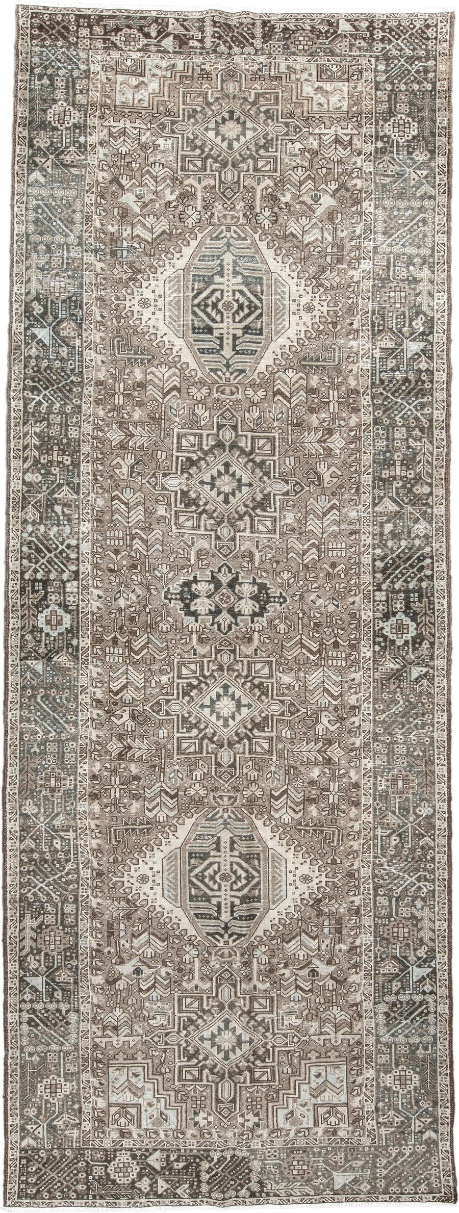 4' x 12' one-of-a-kind handmade antique Karaje runner rug. Color palette: taupe, ivory, brown, slate, charcoal, camel, beige