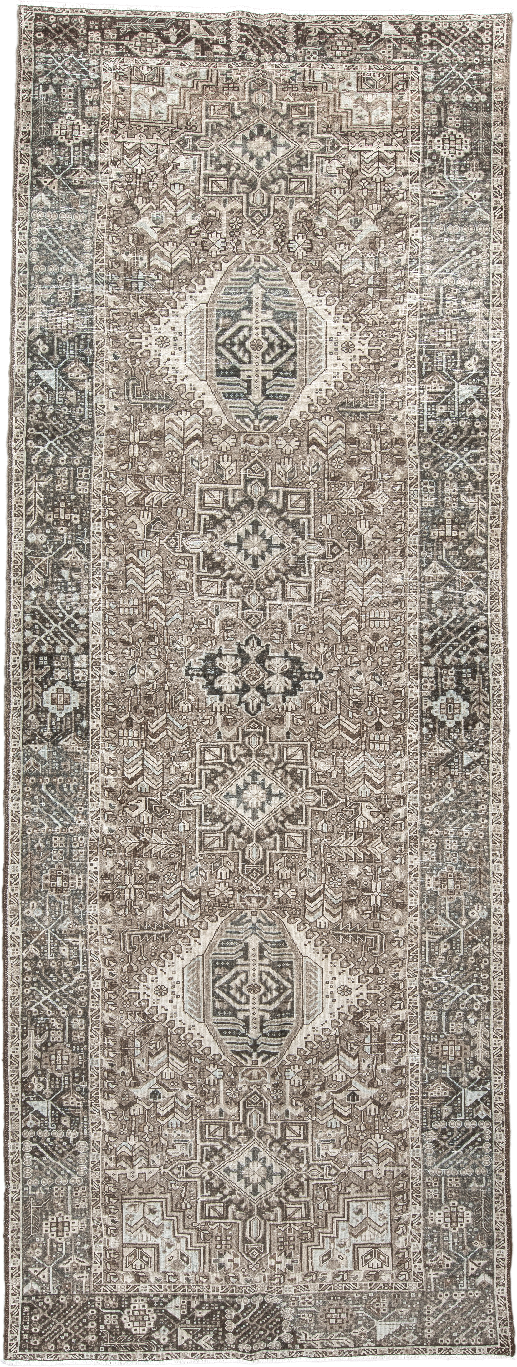 4' x 12' one-of-a-kind handmade antique Karaje runner rug. Color palette: taupe, ivory, brown, slate, charcoal, camel, beige