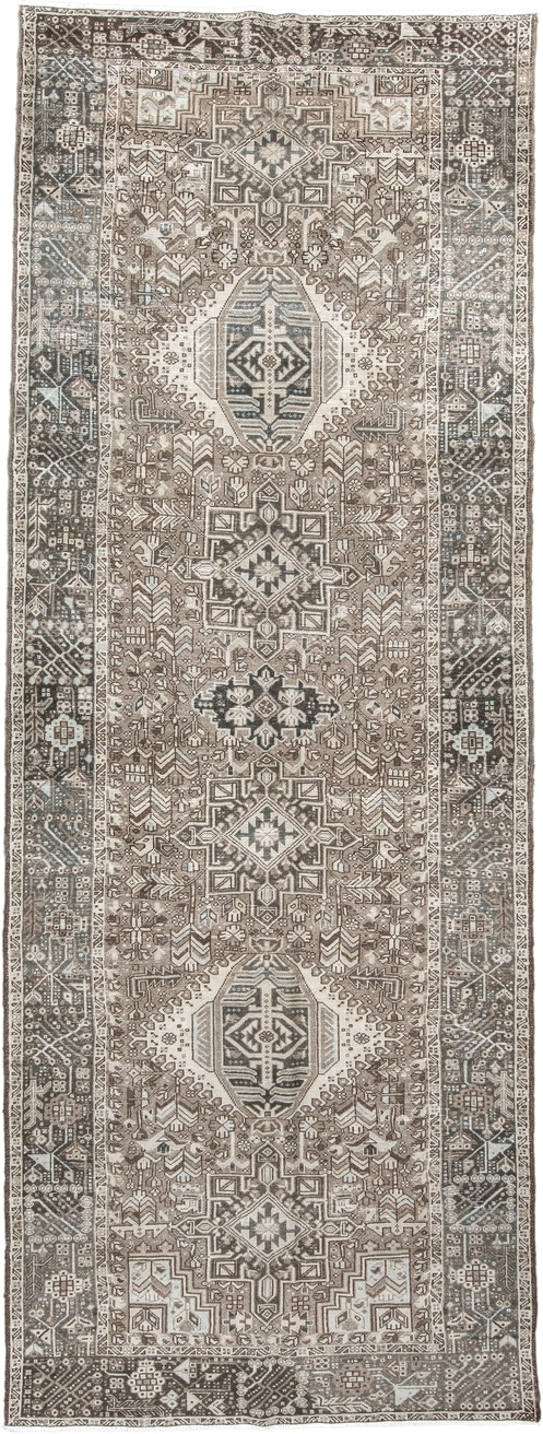 4' x 12' one-of-a-kind handmade antique Karaje runner rug. Color palette: taupe, ivory, brown, slate, charcoal, camel, beige
