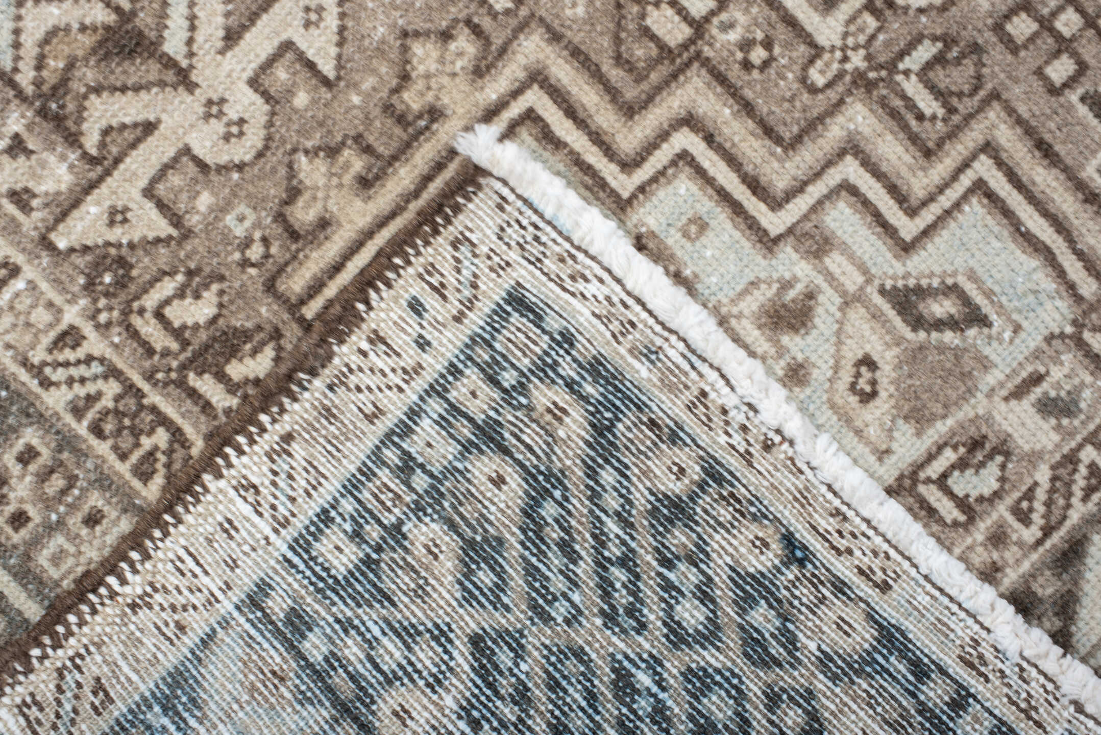 4' x 12' one-of-a-kind handmade antique Karaje runner rug. Color palette: taupe, ivory, brown, slate, charcoal, camel, beige