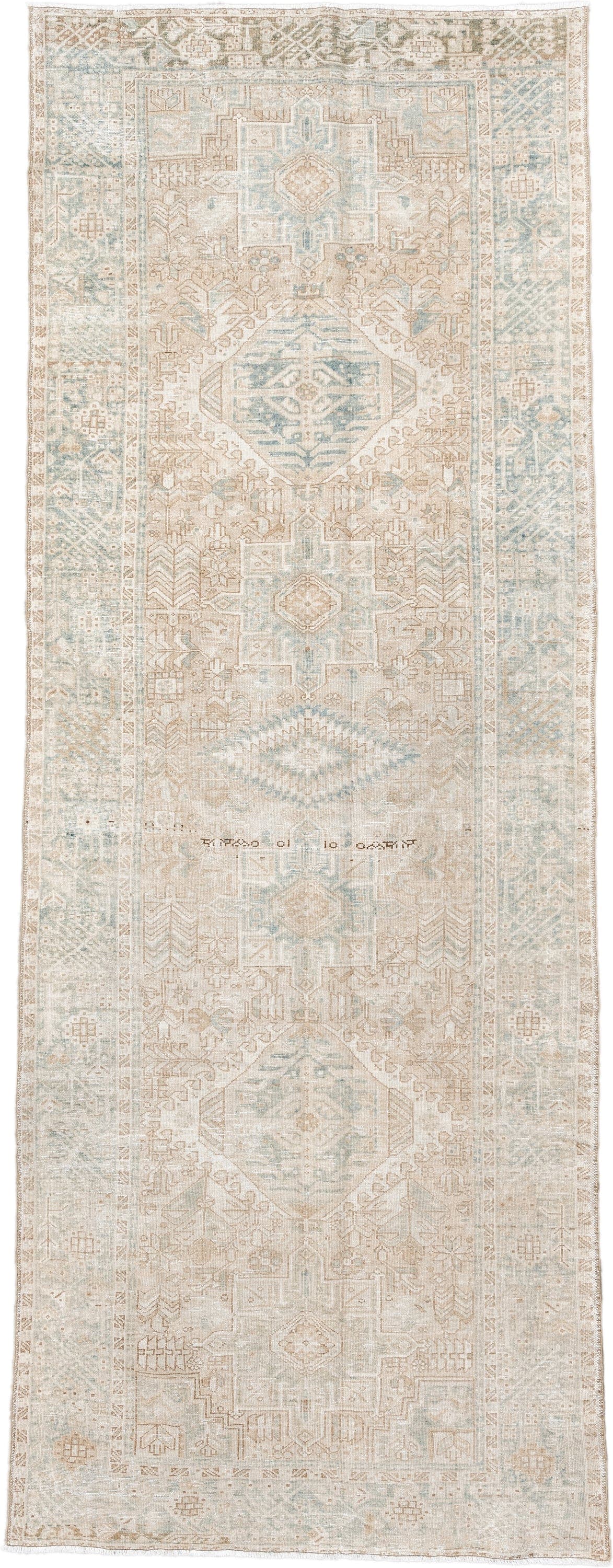 4' x 12' one-of-a-kind handmade antique Karaje runner rug. Color palette: ivory, light blue, beige, sand, taupe, gray