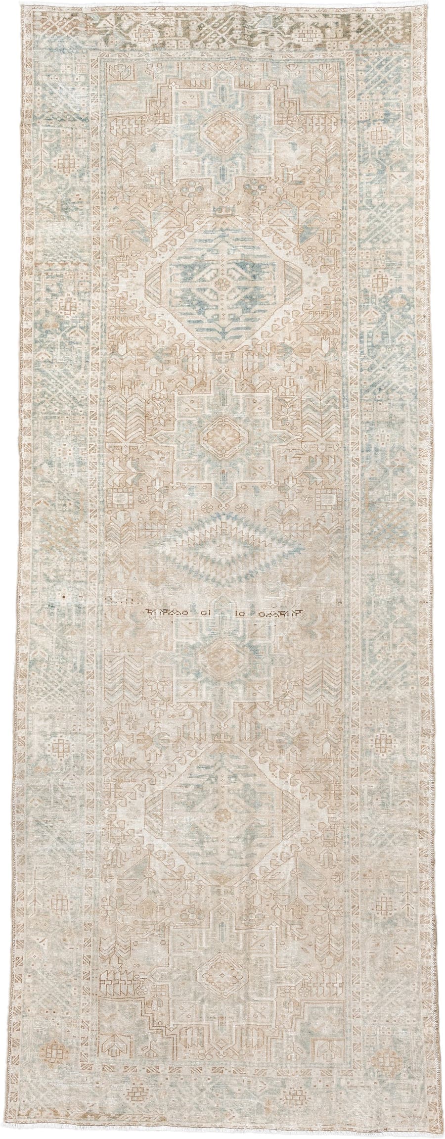 4' x 12' one-of-a-kind handmade antique Karaje runner rug. Color palette: ivory, light blue, beige, sand, taupe, gray