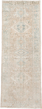 4' x 12' one-of-a-kind handmade antique Karaje runner rug. Color palette: ivory, light blue, beige, sand, taupe, gray