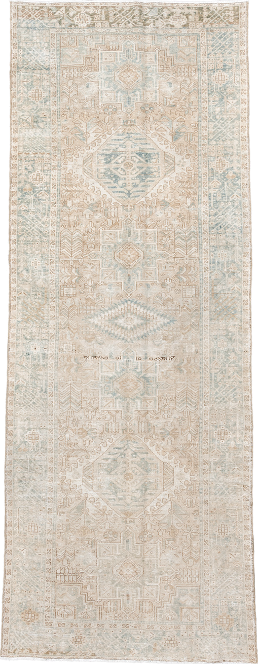 4' x 12' one-of-a-kind handmade antique Karaje runner rug. Color palette: ivory, light blue, beige, sand, taupe, gray