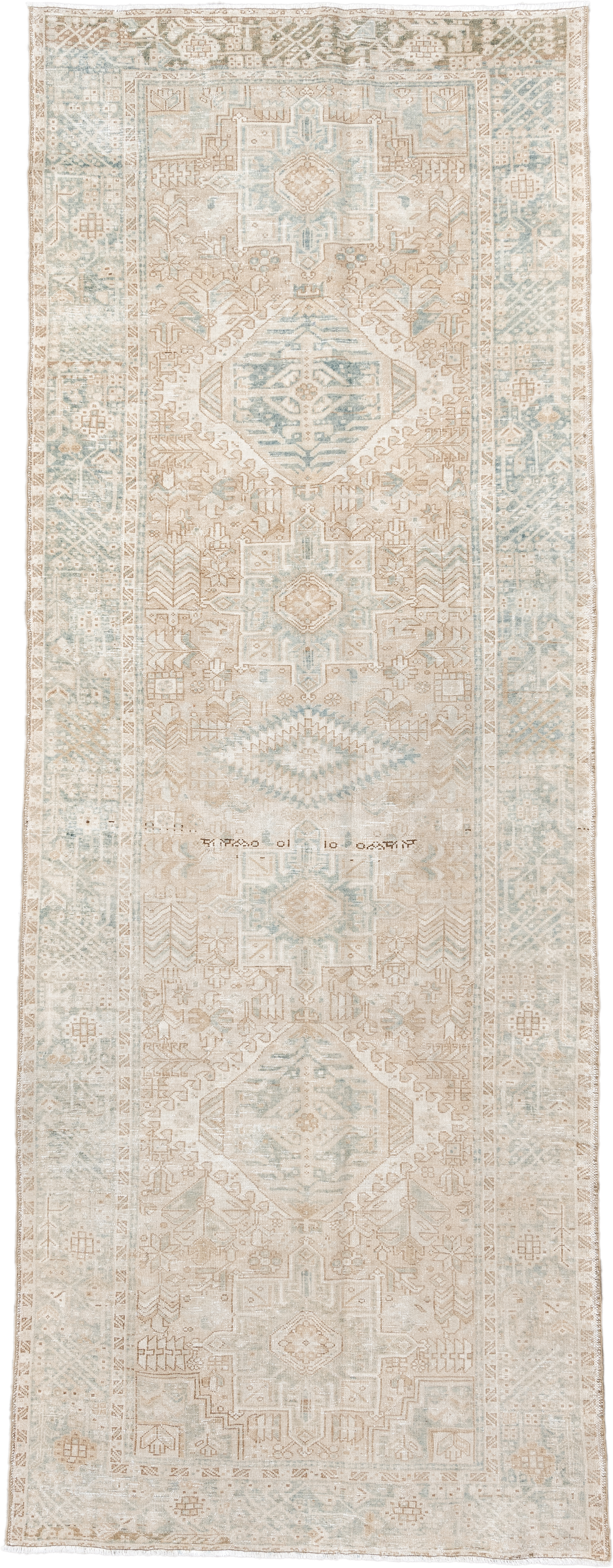 4' x 12' one-of-a-kind handmade antique Karaje runner rug. Color palette: ivory, light blue, beige, sand, taupe, gray