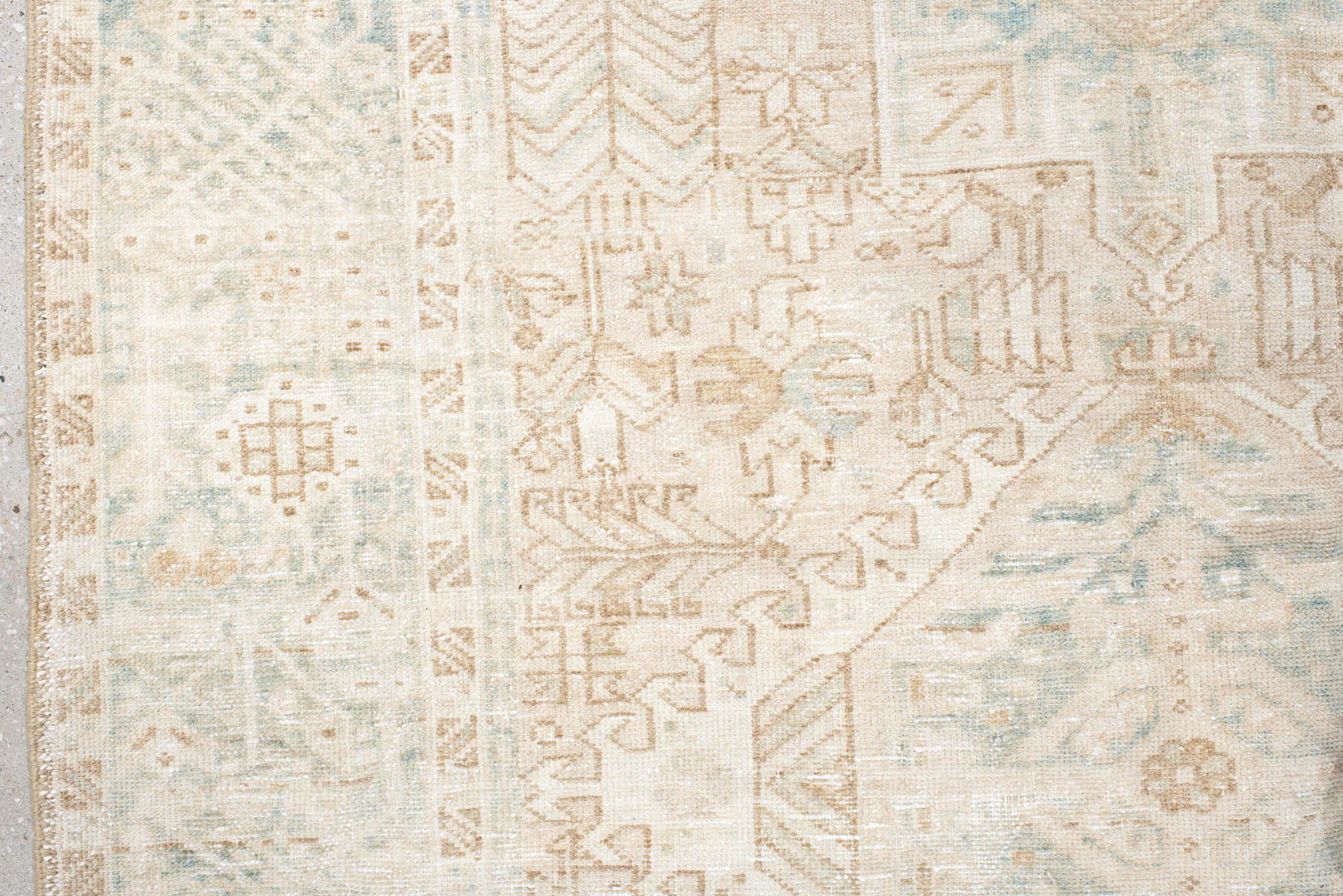 4' x 12' one-of-a-kind handmade antique Karaje runner rug. Color palette: ivory, light blue, beige, sand, taupe, gray