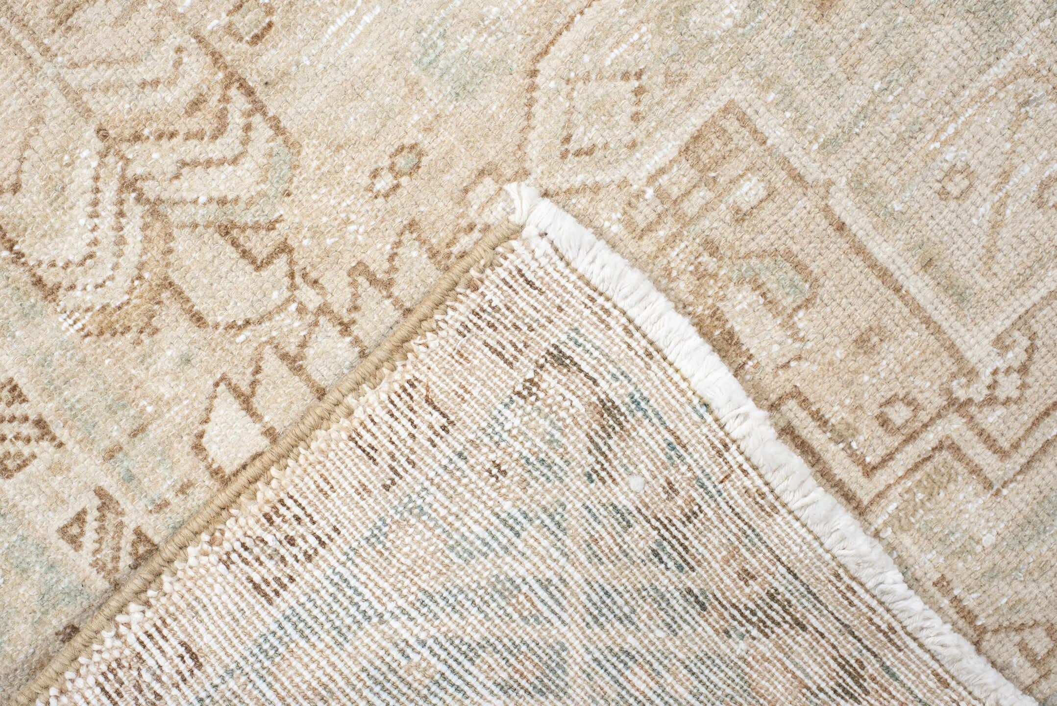 4' x 12' one-of-a-kind handmade antique Karaje runner rug. Color palette: ivory, light blue, beige, sand, taupe, gray