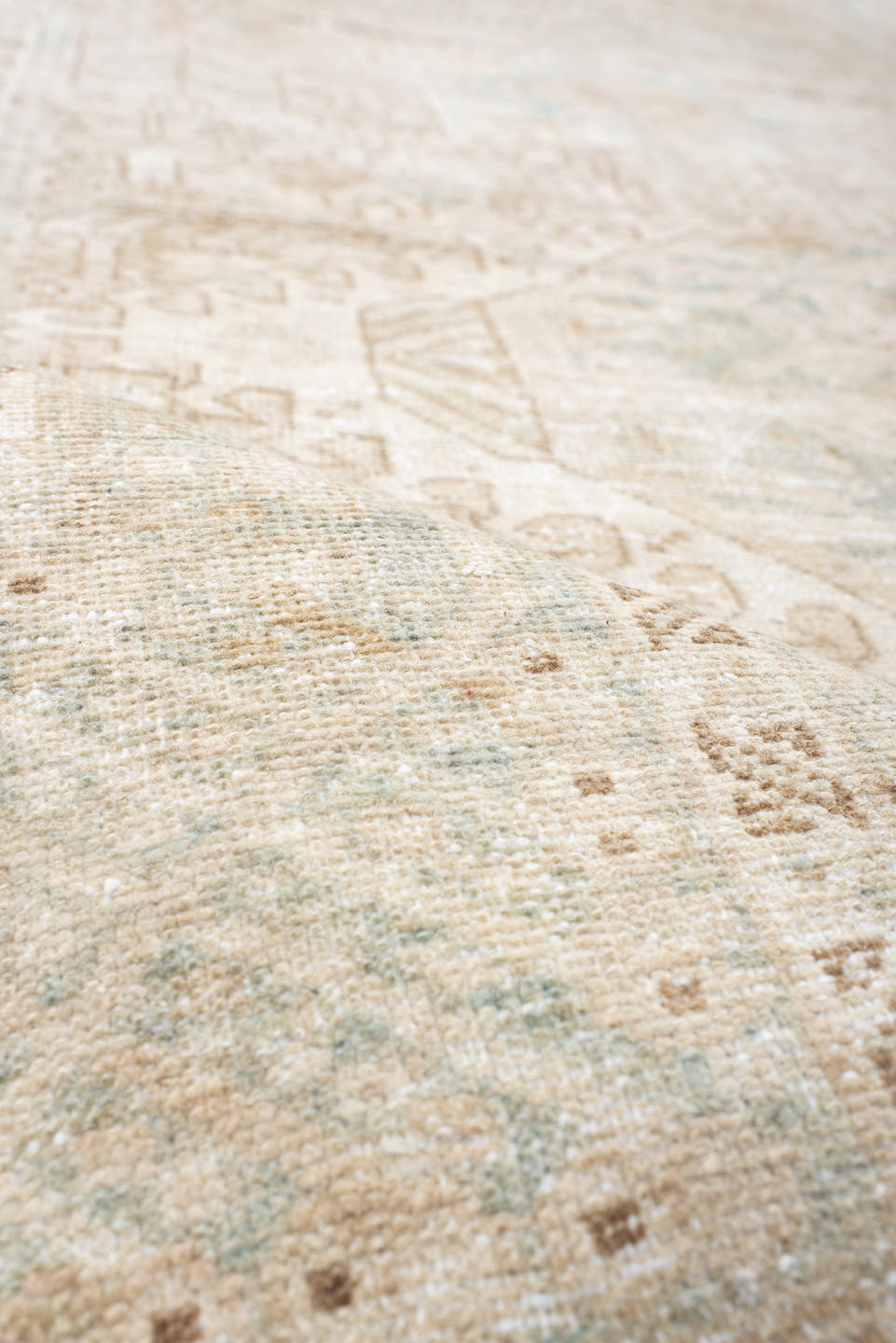 4' x 12' one-of-a-kind handmade antique Karaje runner rug. Color palette: ivory, light blue, beige, sand, taupe, gray