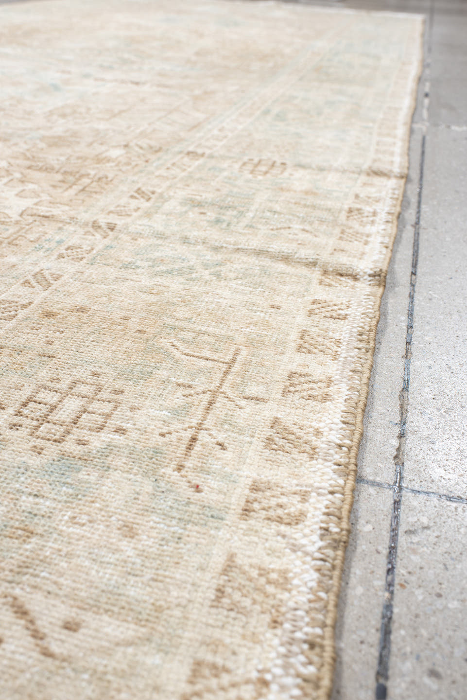 4' x 12' one-of-a-kind handmade antique Karaje runner rug. Color palette: ivory, light blue, beige, sand, taupe, gray