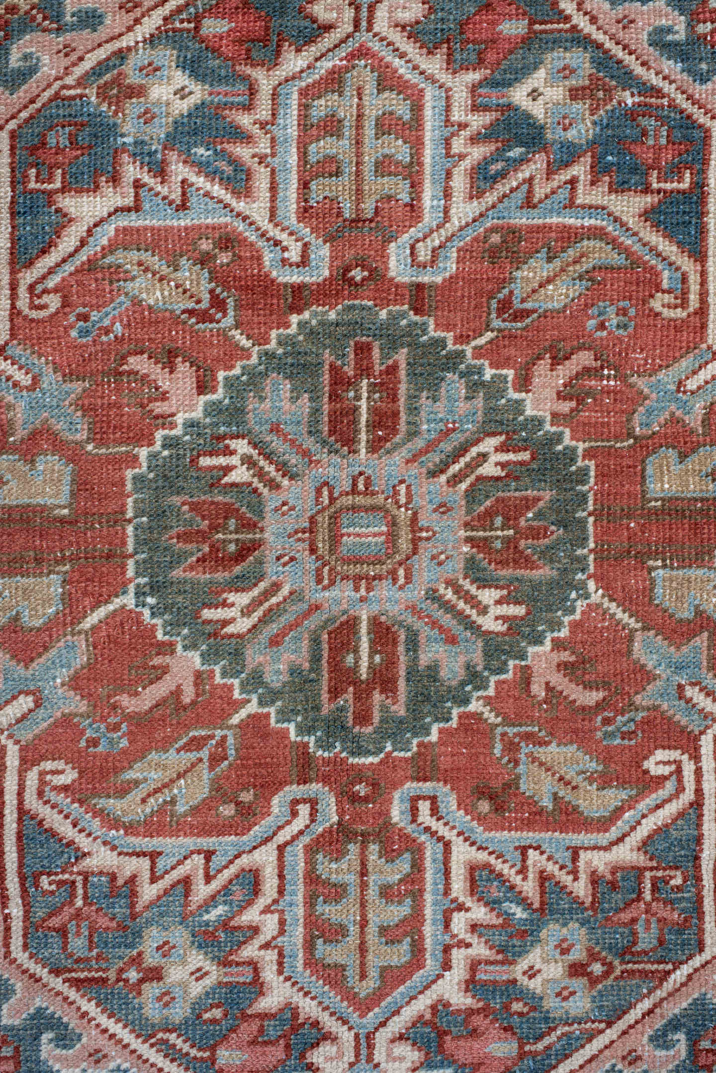 8' x 12' one-of-a-kind handmade antique Heriz large size rug. Color palette: rust, ivory, sky blue, slate, brick, cream