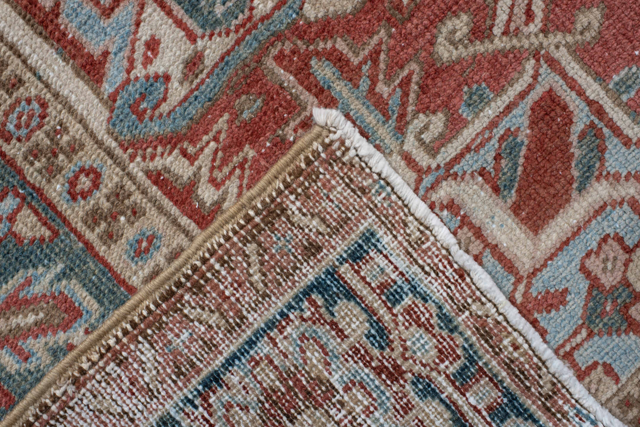 8' x 12' one-of-a-kind handmade antique Heriz large size rug. Color palette: rust, ivory, sky blue, slate, brick, cream