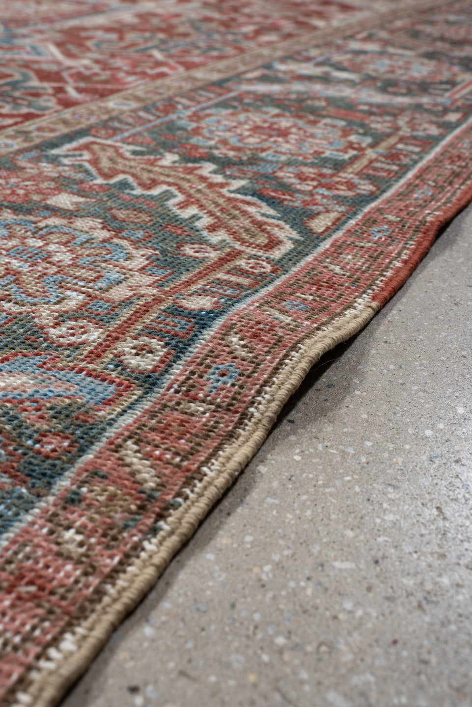 8' x 12' one-of-a-kind handmade vintage Heriz large size rug. Color palette: blue, brown, gray, light gray, off-white, pink