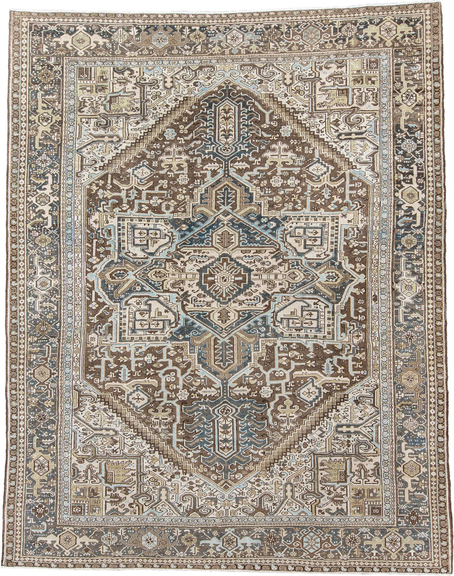 9' x 11' one-of-a-kind handmade antique Karaje large size rug. Color palette: ivory, brown, slate, taupe, camel, charcoal