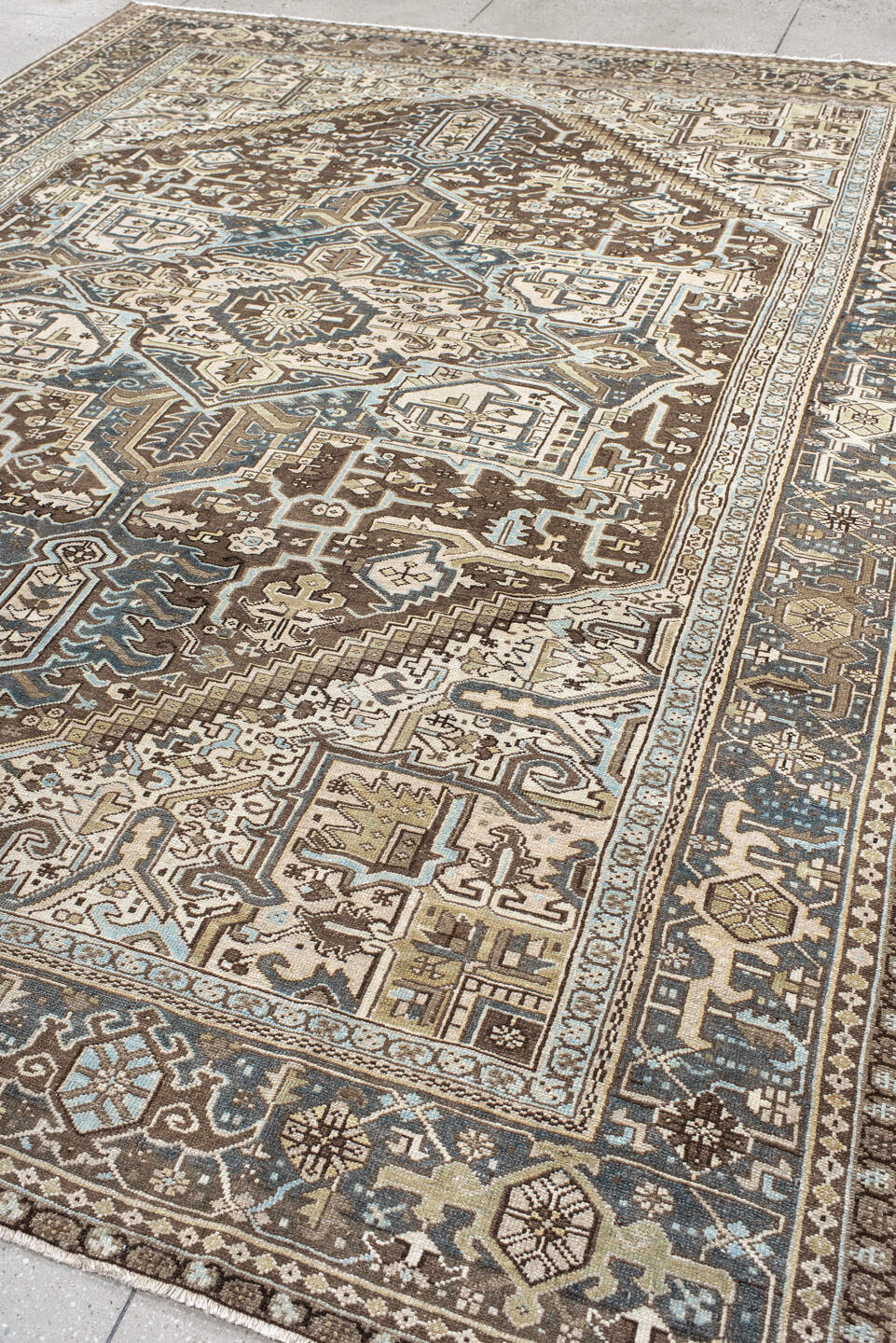 9' x 11' one-of-a-kind handmade antique Karaje large size rug. Color palette: ivory, brown, slate, taupe, camel, charcoal